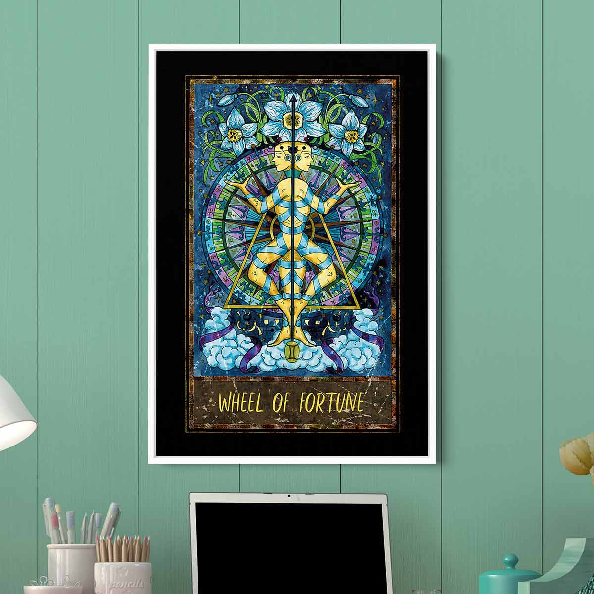 Blue Wheel of Fortune Tarot Card Wall Art Canvas Print - Spiritual Decor for Home, Office & Meditation Space (8126)