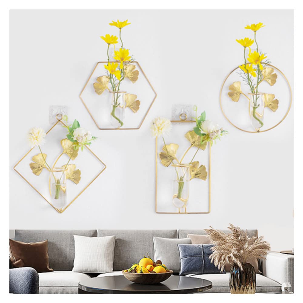 Primst 4 Pack Wall Hanging Flower Vase Set - Modern Wall-Mounted Hydroponic Planters with Gold Metal Frames, Glass Containers for Indoor Plants - Perfect for Home Decor, Wedding Centerpieces & Kitchen Herb Gardens