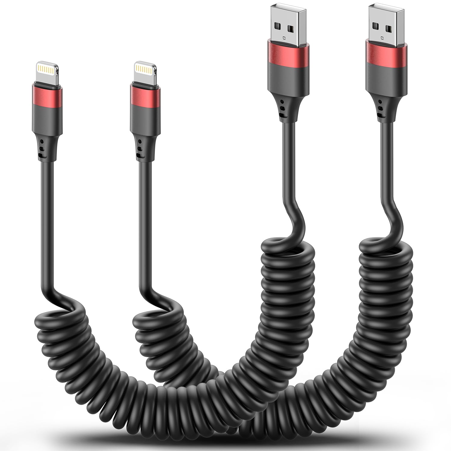 Apple MFi Certified Coiled Lightning Cable for Car - 2 Pack Retractable Fast Charging iPhone Charger Cord Compatible with iPhone 14/13/12/11 Pro Max/Mini/10/8 Plus/XR/SE & AirPods - Perfect for Road Trips & Travel Charging