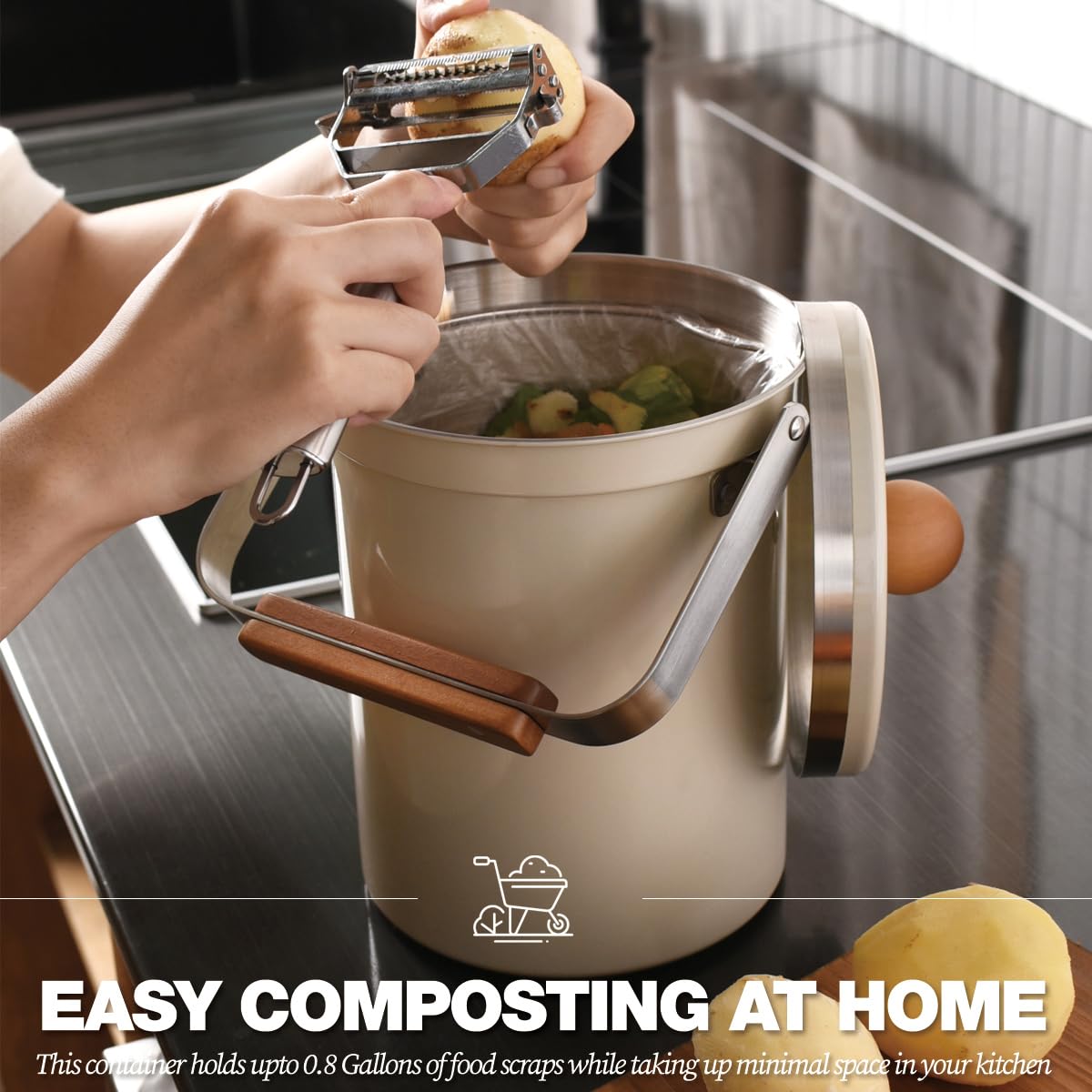 **3L Stainless Steel Compost Bin with Airtight Lid - 101oz Odor-Free Kitchen Countertop Food Waste Container, Wooden Handle & Stylish Design for Home, Office, or Bathroom (Off-White) - Perfect for Eco-Friendly Composting & Organic Waste Disposal**