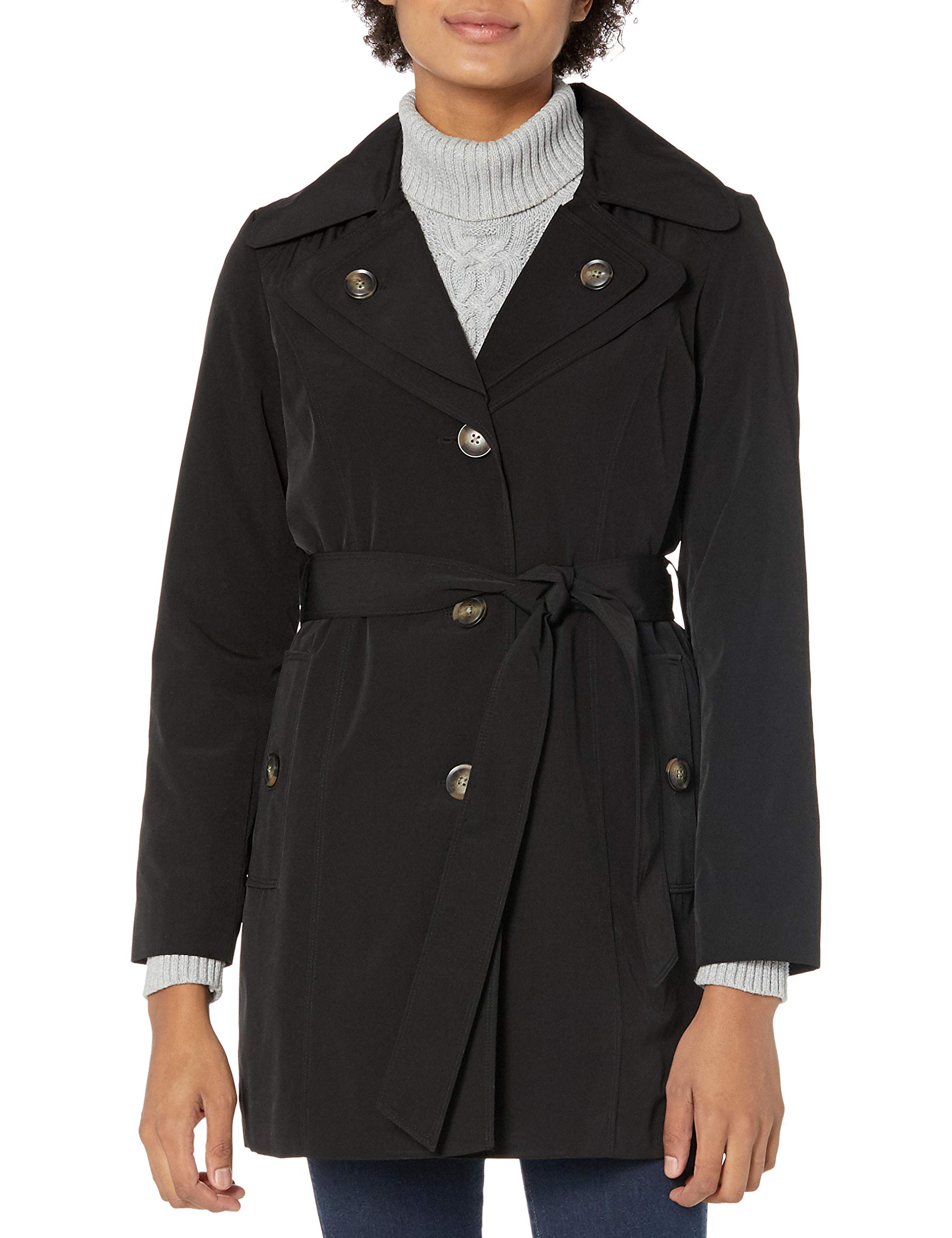 London Fog Women's Waterproof Trench Coat - Single-Breasted Double Lapel Belted Raincoat, Black, Size Medium | Classic Elegant Outerwear for Work, Travel & Rainy Days