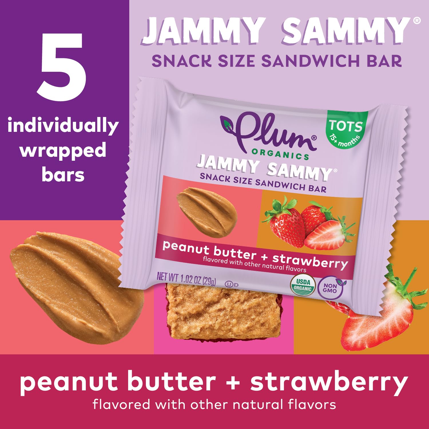 Organic Peanut Butter Strawberry Jammy Sammy Bars - Pack of 30 for Toddler Snacks & On-the-Go