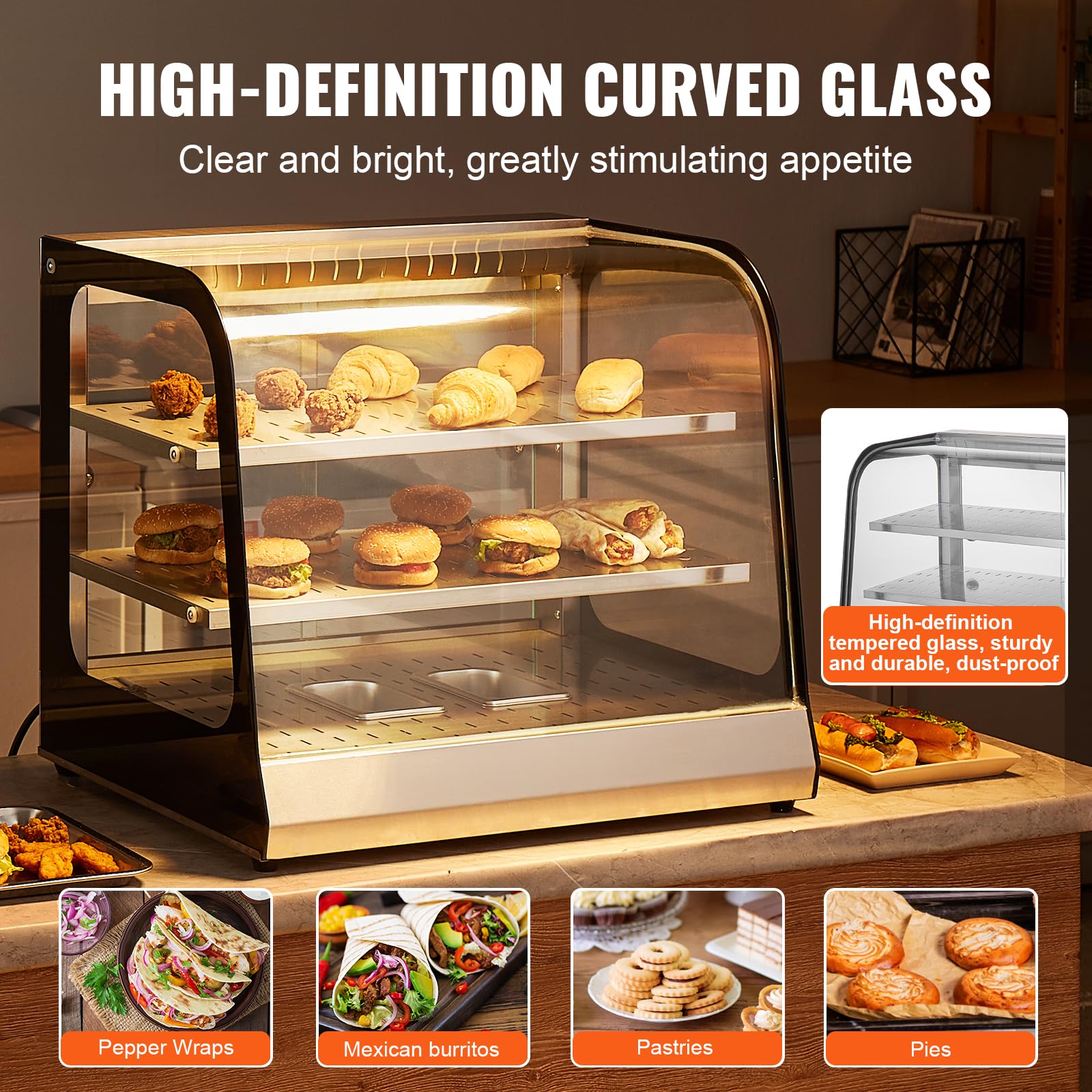 VEVOR 2-Tier Commercial Food Warmer Display - 850W Electric Countertop Food Warmer with Tempered Glass & Steam Heating, 86°F~185°F Adjustable Temperature, 111L Large Capacity for Restaurants, Cafes, Buffets - Perfect for Keeping Hamburgers, Pizza, Bread, Fried Chicken Warm and Fresh