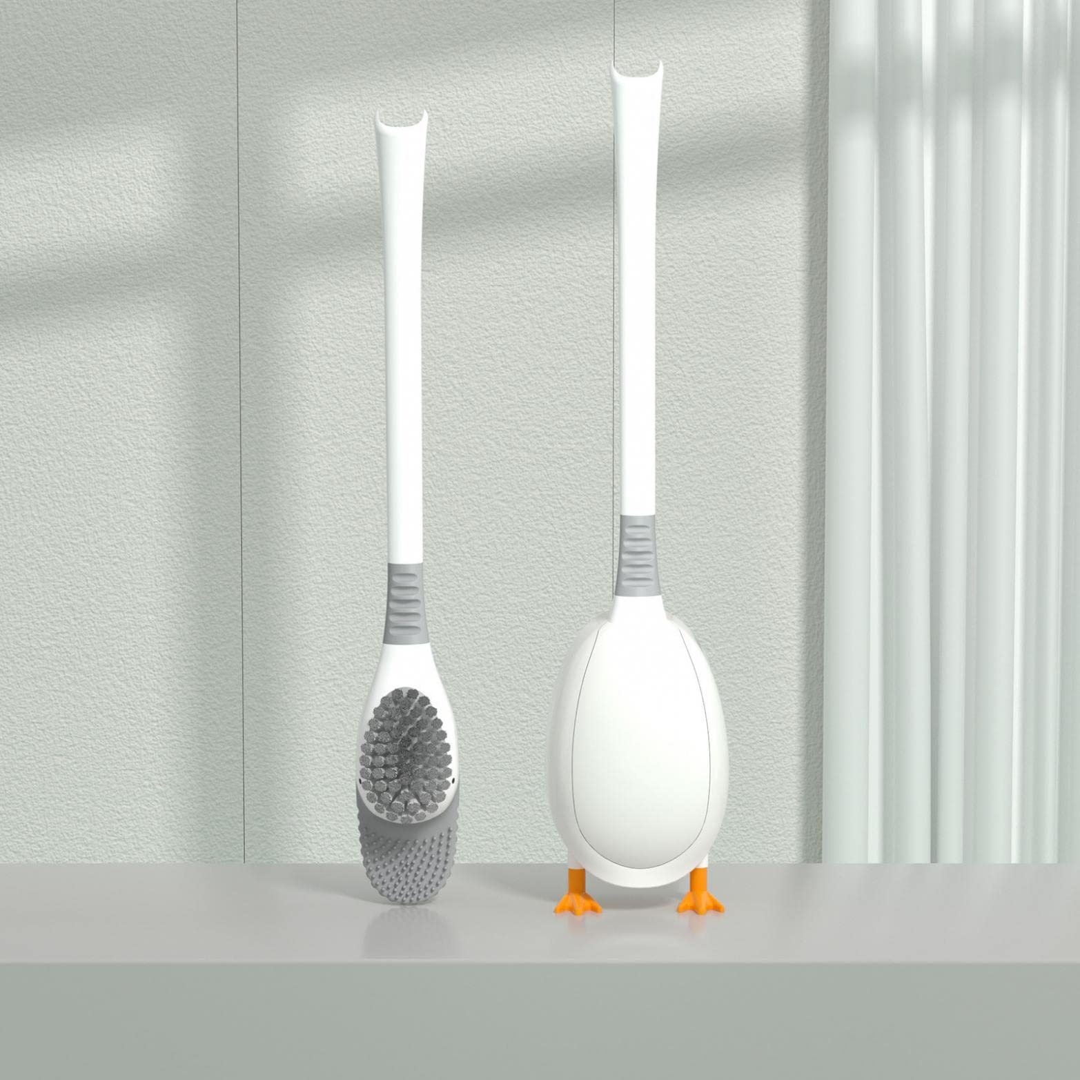 Flexible Silicone Toilet Brush with Holder - No Drilling Long Handle Bathroom Cleaning Tool for Deep Cleaning Corners & Hard-to-Reach Areas - Durable Floor-Standing Toilet Brush Set for Home & Office Use