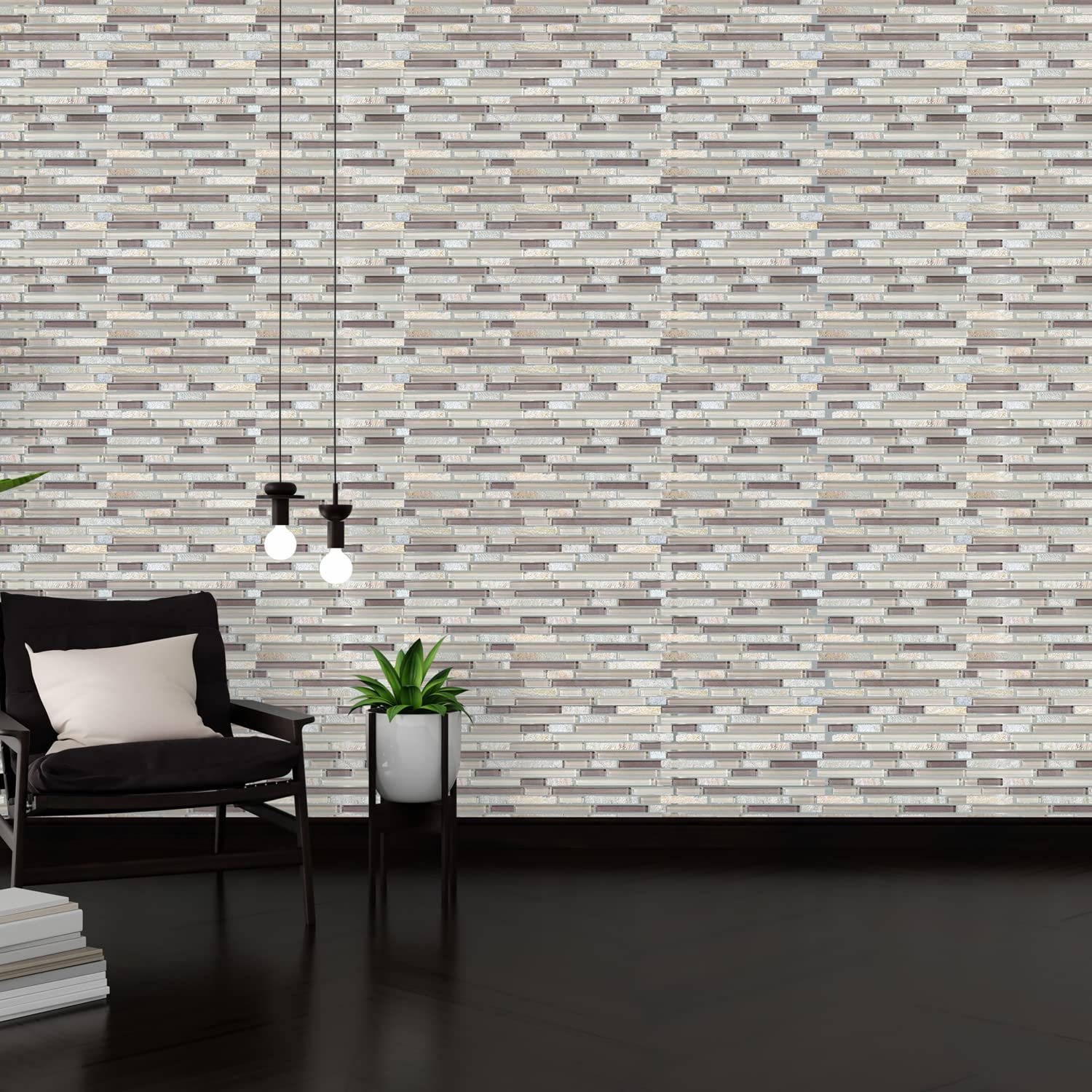 BuildMyplace 12x12 Inch Cotton Wood Random Strip Glass Quartz Blend Mosaic Tile - Peel and Stick Backsplash for Bathroom, Kitchen, Living Room & Dining Room (10 Tiles | Covers 10 sq. ft.) - Easy DIY Home Decor & Wall Accent Upgrade