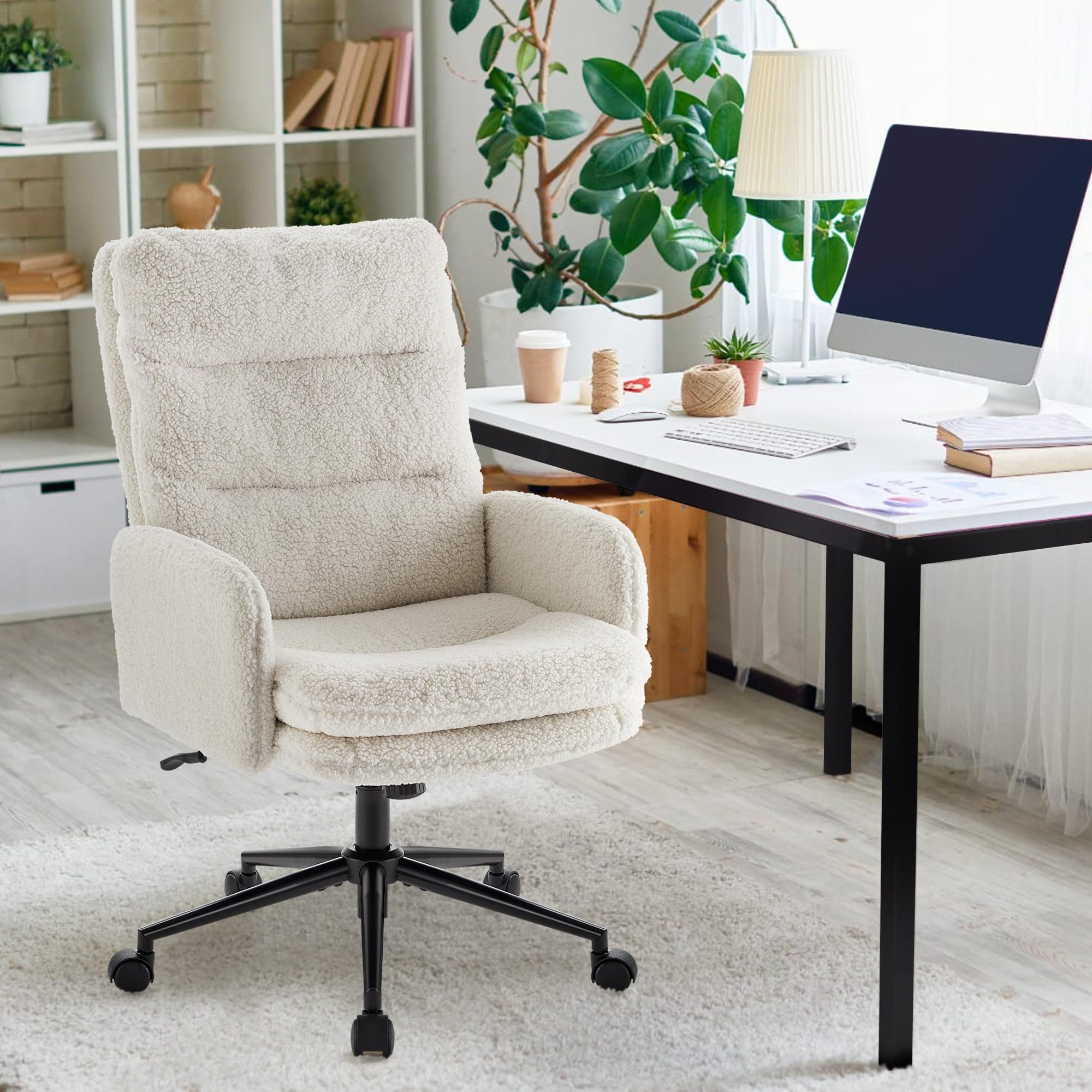 Ergonomic High-Back Office Chair with Adjustable Armrests & Wheels - Swivel Computer Desk Chair for Home & Workspaces - Breathable Upholstered Task Chair in Cashmere White - Perfect for Remote Work & Gaming