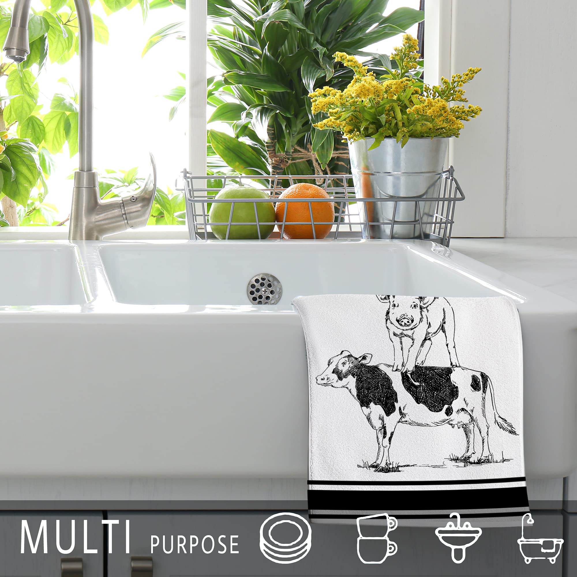 Farm Animal Themed Kitchen Towels Set of 4 - Rooster & Cow Print Cotton Dish Cloths for Drying Dishes, Farmhouse Decor Tea Towels, Perfect Housewarming Gifts for New Home | Ideal for Kitchen Use, Dish Drying, and Farmhouse Style Home Decor