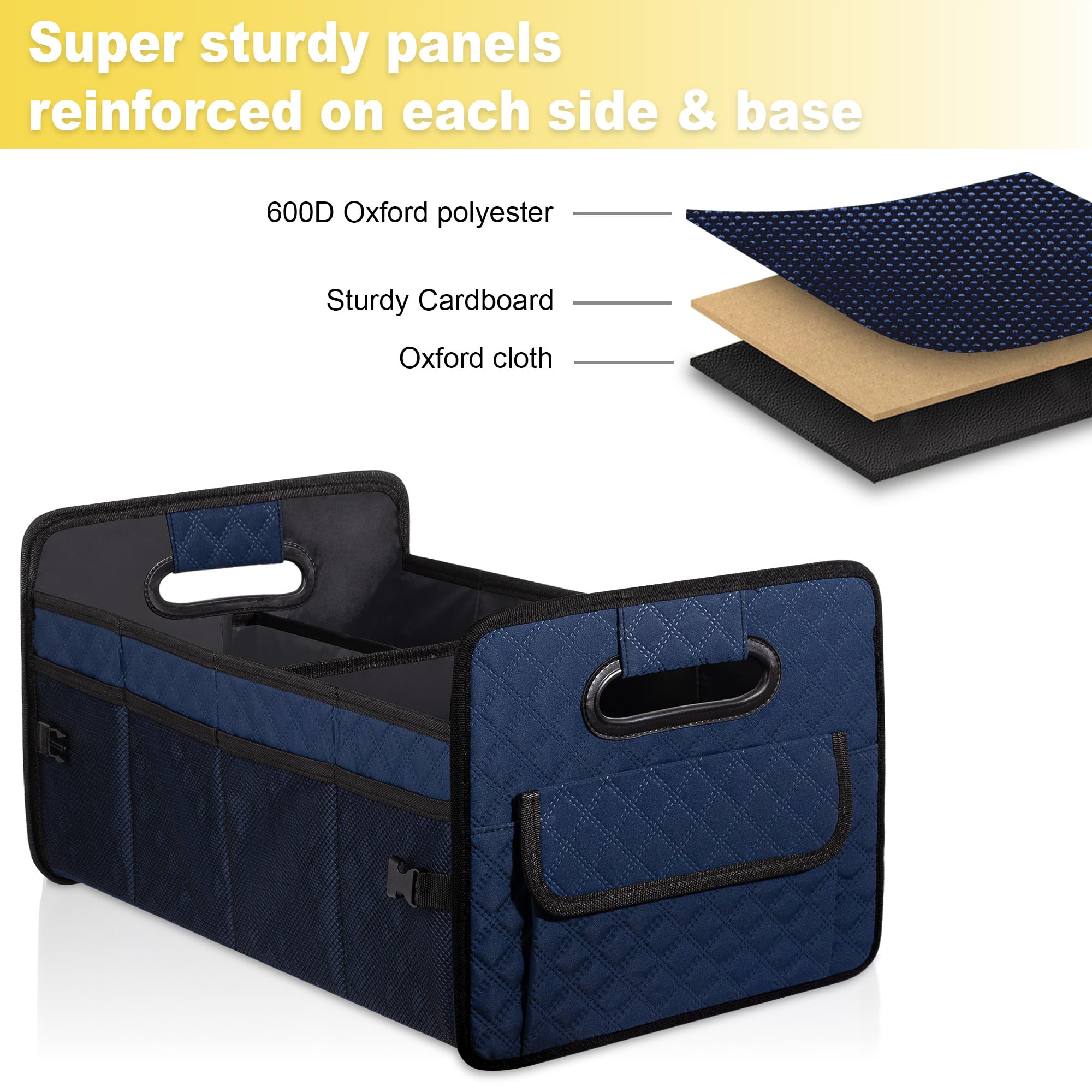 JiatuA Collapsible Car Trunk Organizer for SUV - Multi-Compartment Storage Container Box with Adjustable Dividers - Car Accessories for Women & Men (Dark Blue) - Perfect for Road Trips, Grocery Shopping & Family Outings