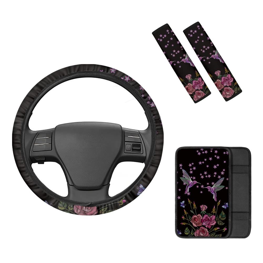 Hummingbird Rose Pattern Car Steering Wheel Cover Set with Seat-Belt Cover & Armrest Box - Soft & Non-Slip Car Accessories for Women - Perfect for Daily Commute & Road Trips