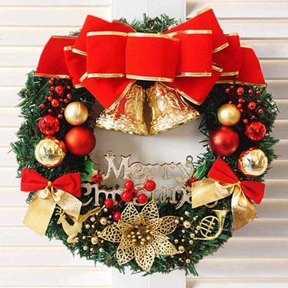Christmas Wreath Decorations - Artificial Pine Front Door Wreath with Deer, Bow, Bells, Red Berries & Flowers - Holiday Party Wall Décor for Home, Office & Festive Gift Giving