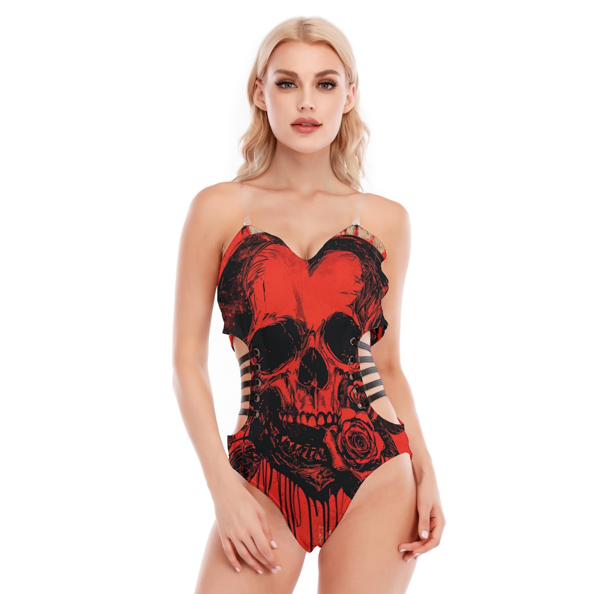Stylish Red and Black Skull Print Tube Top Bodysuit with Adjustable Side Straps - Perfect for Halloween, Cosplay, and Edgy Streetwear Outfits