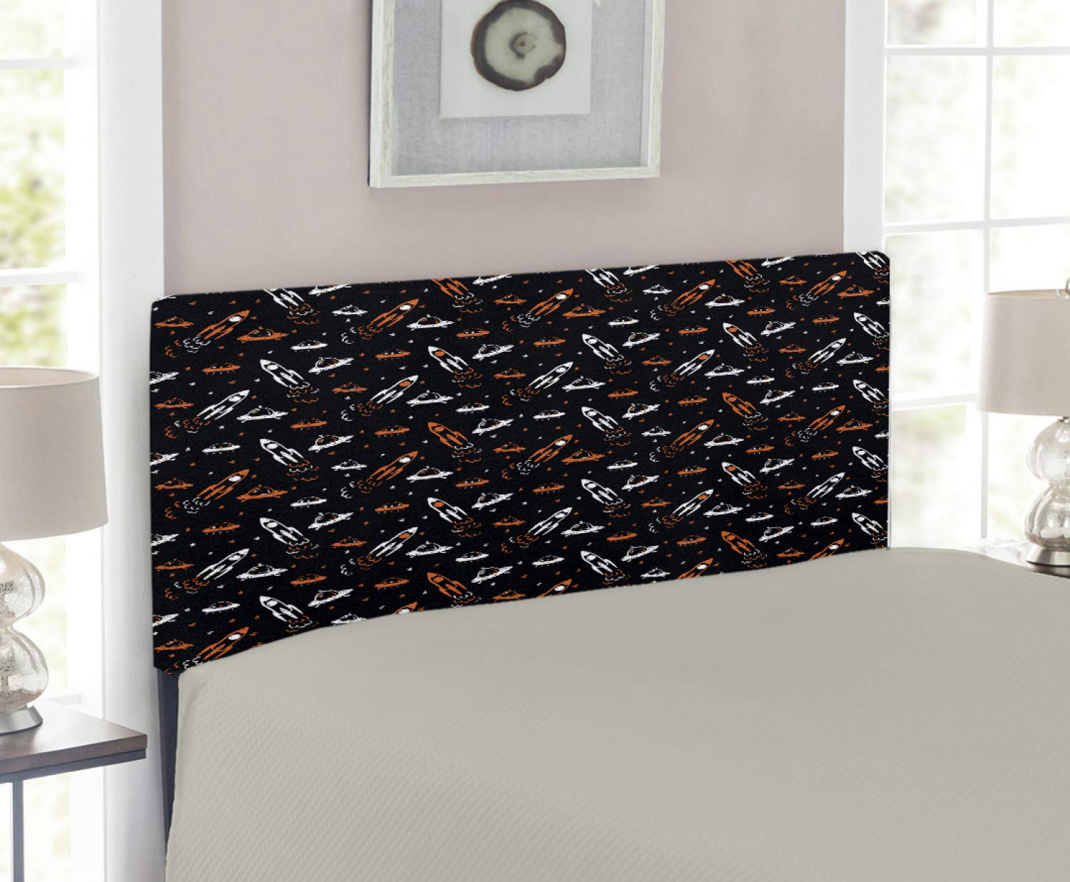 Ambesonne Space Themed Headboard - Cartoon Doodle Spacecraft, UFOs & Stars Design - Upholstered Metal Bed Headboard with Memory Foam - Twin Size in Black, Orange & White - Perfect for Kids' Bedroom, Space-Themed Decor & Sci-Fi Lovers