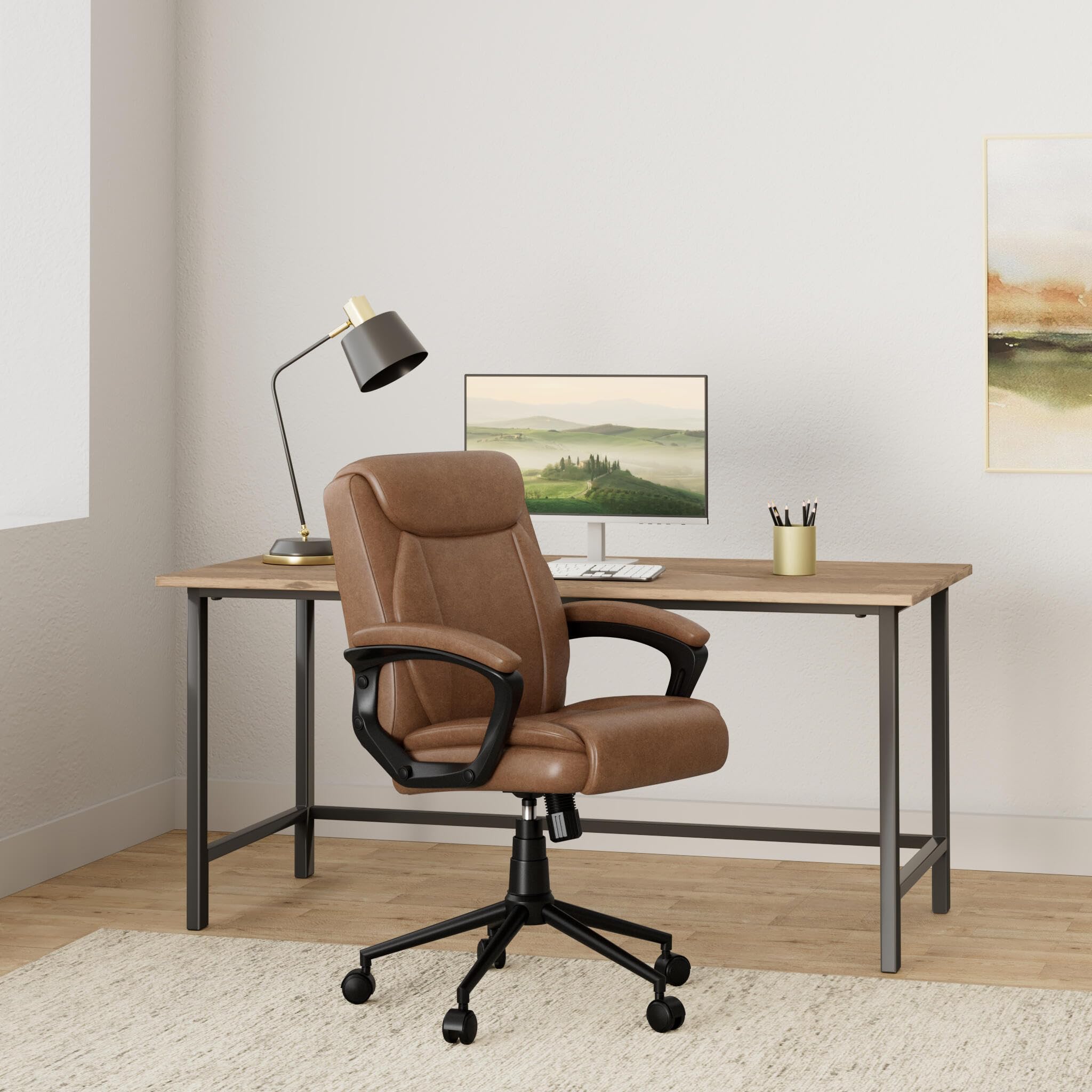 Ergonomic Bonded Leather Swivel Office Chair - Adjustable Height & Lumbar Support - Cognac Brown Executive Desk Chair for Home & Office Workspace (CCHR10001A) - Perfect for Long Hours of Computer Work, Gaming & Video Conferencing