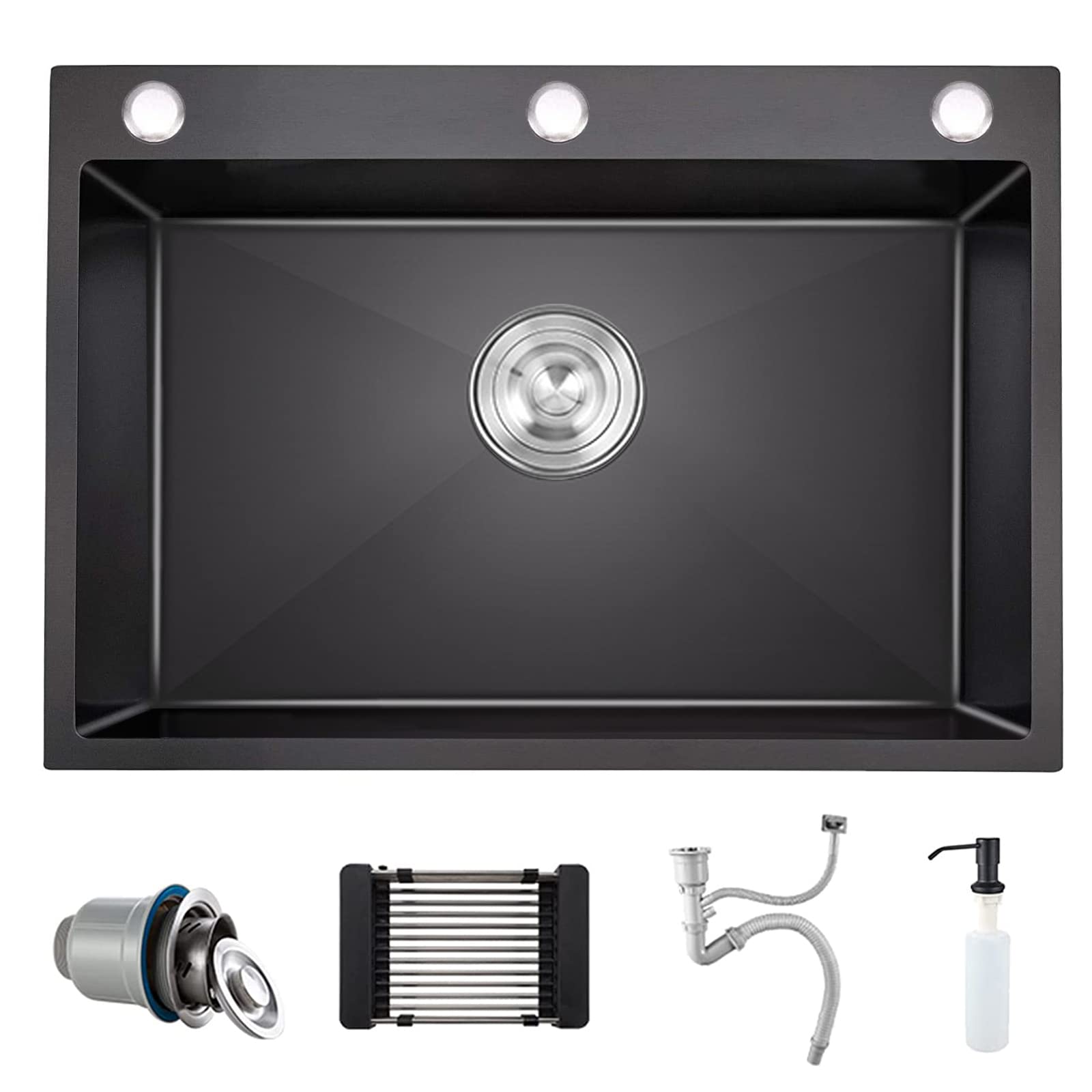 Undermount Single Bowl Kitchen Sink with Faucet - 304 Stainless Steel, Large Capacity, Black Nano Coating - Perfect for Home Kitchens, Restaurants & Commercial Use
