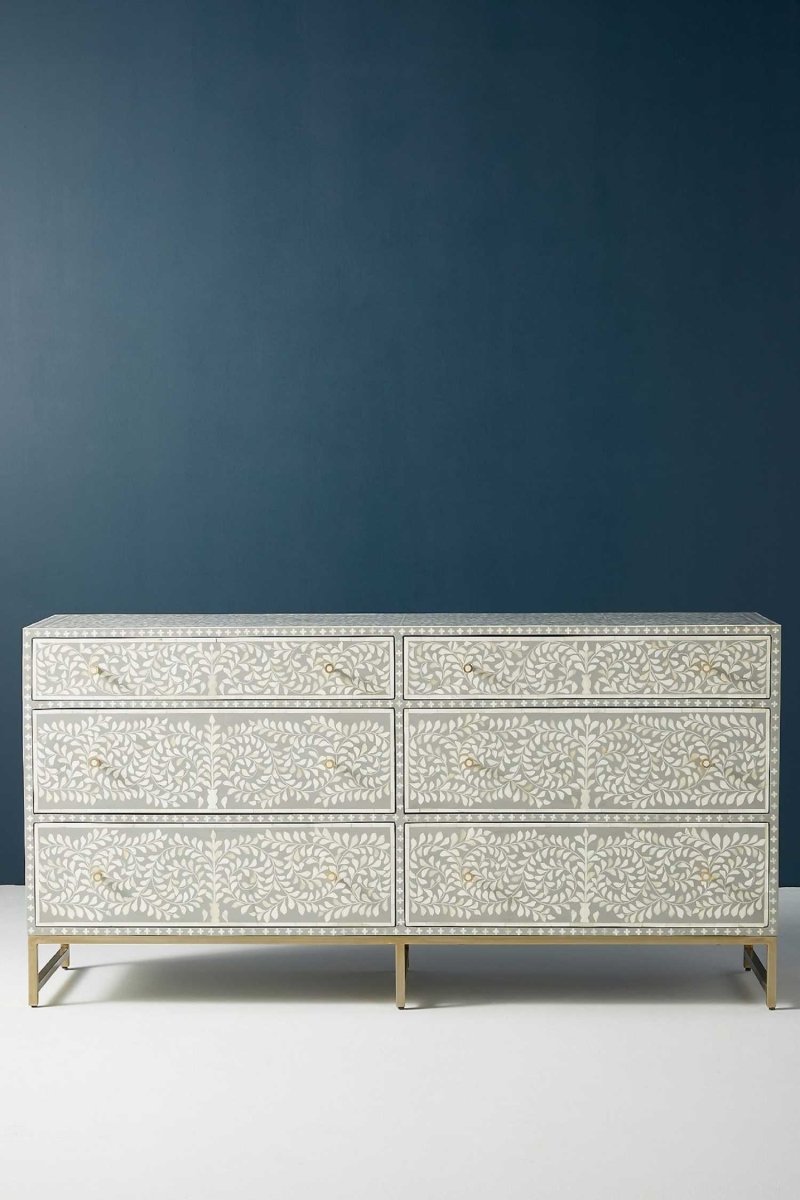 Handmade Bone Inlay Six-Drawer Dresser with Spiral Design - Light Grey Vintage Chest of Drawers | Perfect for Bedroom Storage, Living Room Decor & Boho Chic Home Furnishing