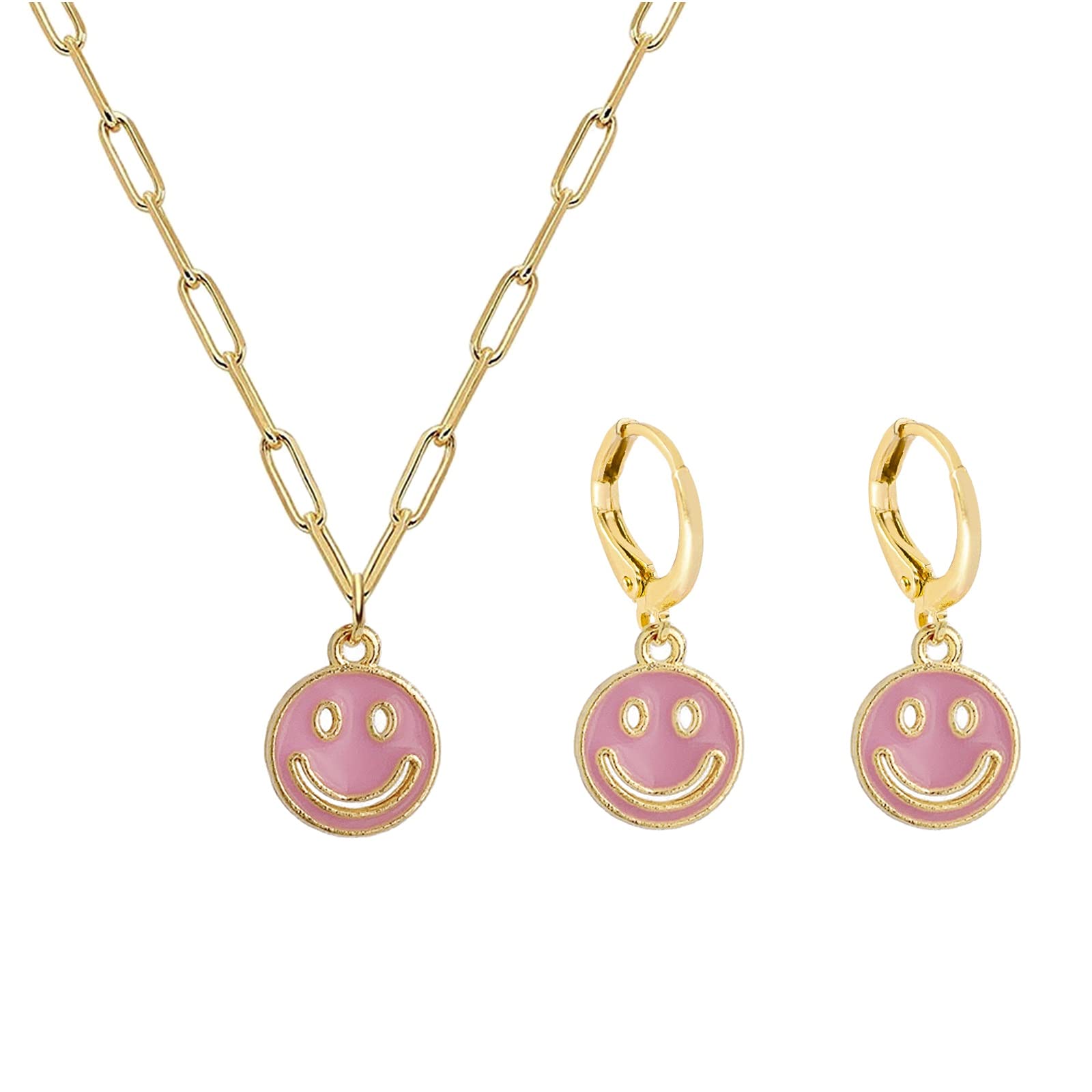 Smiley Face Earring Necklace Set - Colorful Smiling Face Pendant with Hoop Dangle Earrings & Paperclip Chain Necklace Jewelry for Women & Girls - Perfect for Everyday Wear, Parties & Gifts
