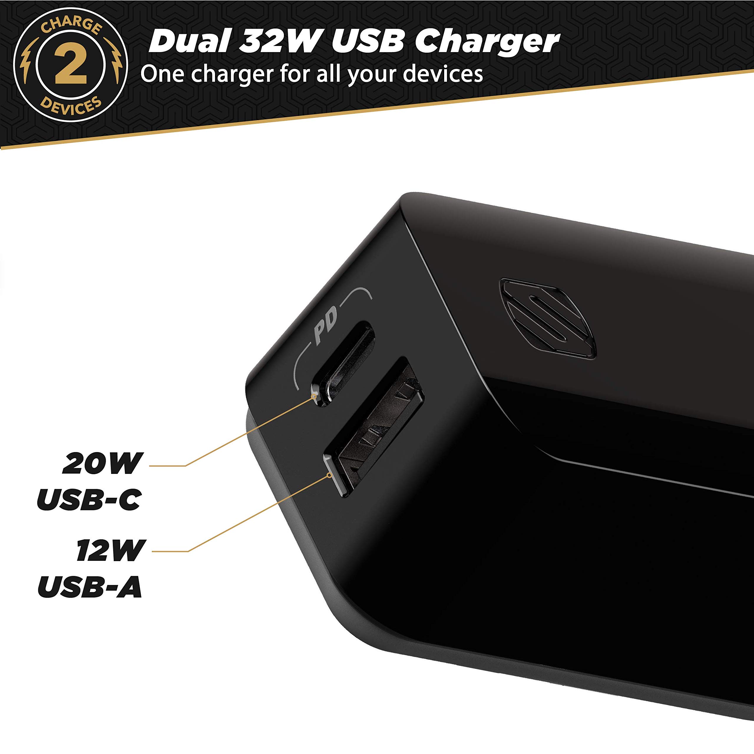 Scosche 32W Fast Wall Charger with USB-C & USB-A for Phones & Tablets - Travel & Home Use