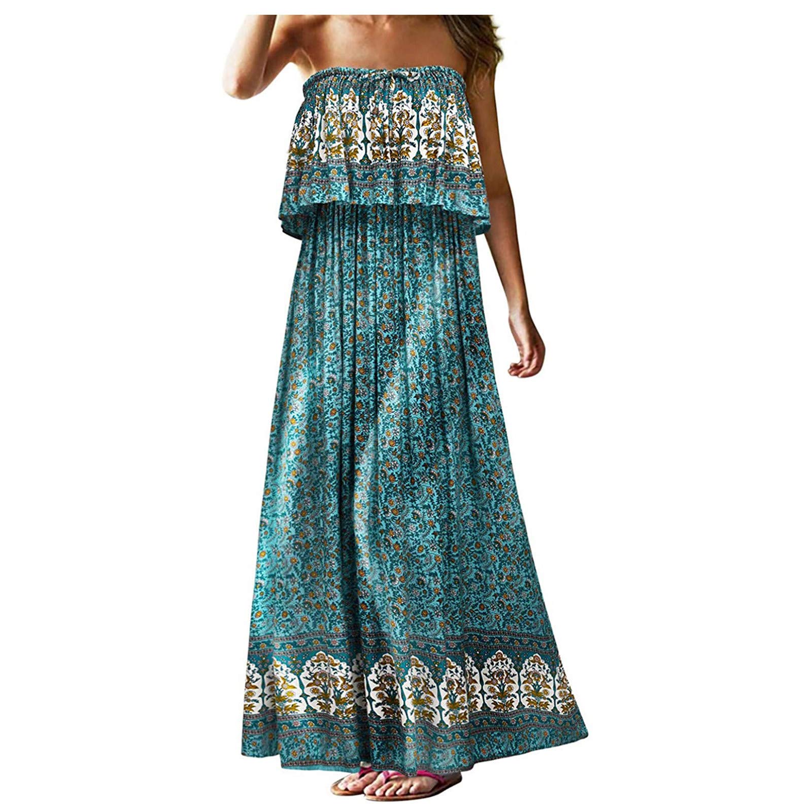 Women's V-Neck Shift Dress - Strapless Long Summer Dress with Bohemian Floral Print for Beach, Holiday & Casual Wear | Perfect for Vacations, Parties & Outdoor Events