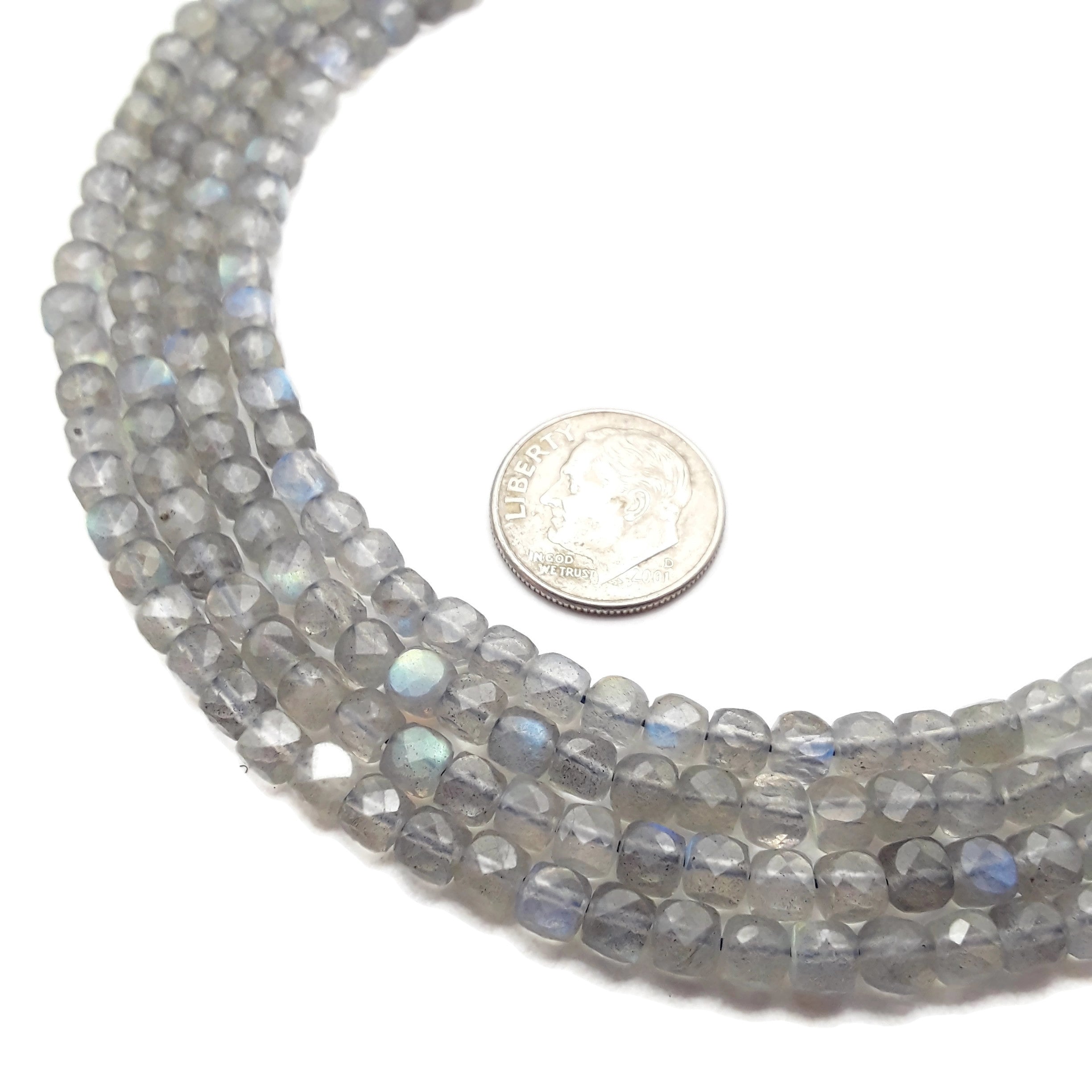 4mm Light Gray Labradorite Faceted Square Dice Cube Beads - 15.5 Inch Strand for Jewelry Making, DIY Crafts & Healing Crystal Bracelets