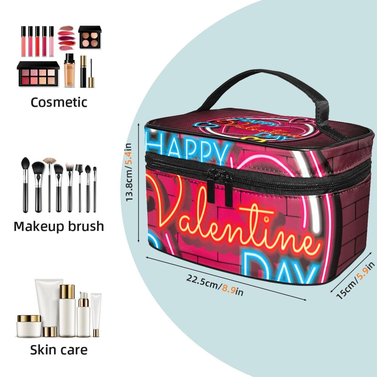 Valentine's Day Neon Sign Makeup Organizer Bag - Portable Travel Cosmetic Case for Women & Girls | Perfect for Toiletries, Makeup Storage & Travel Essentials | Great Gift for Valentine's Day, Birthdays & Holidays