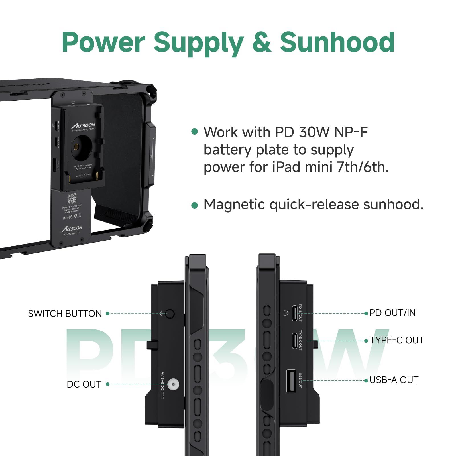Accsoon PowerCage Mini for iPad Mini 6/Mini 7 (A17 Pro) - 8.3 Inch Protective Cage with Sun Hood & NP-F Battery Adapter | Keep iPad Charged | Compatible with SeeMo/SeeMo Pro/Nano | Perfect for Outdoor Video Recording, Vlogging & Live Streaming