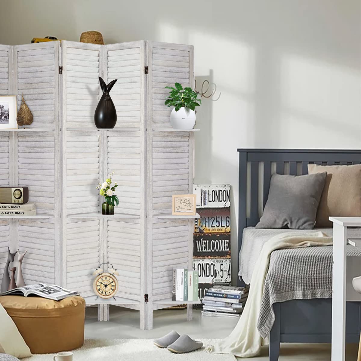 4-Panel Wooden Room Divider with Shelves - Folding Privacy Screen & Temporary Wall Partition - Coconut Finish for Home, Office & Studio Separation