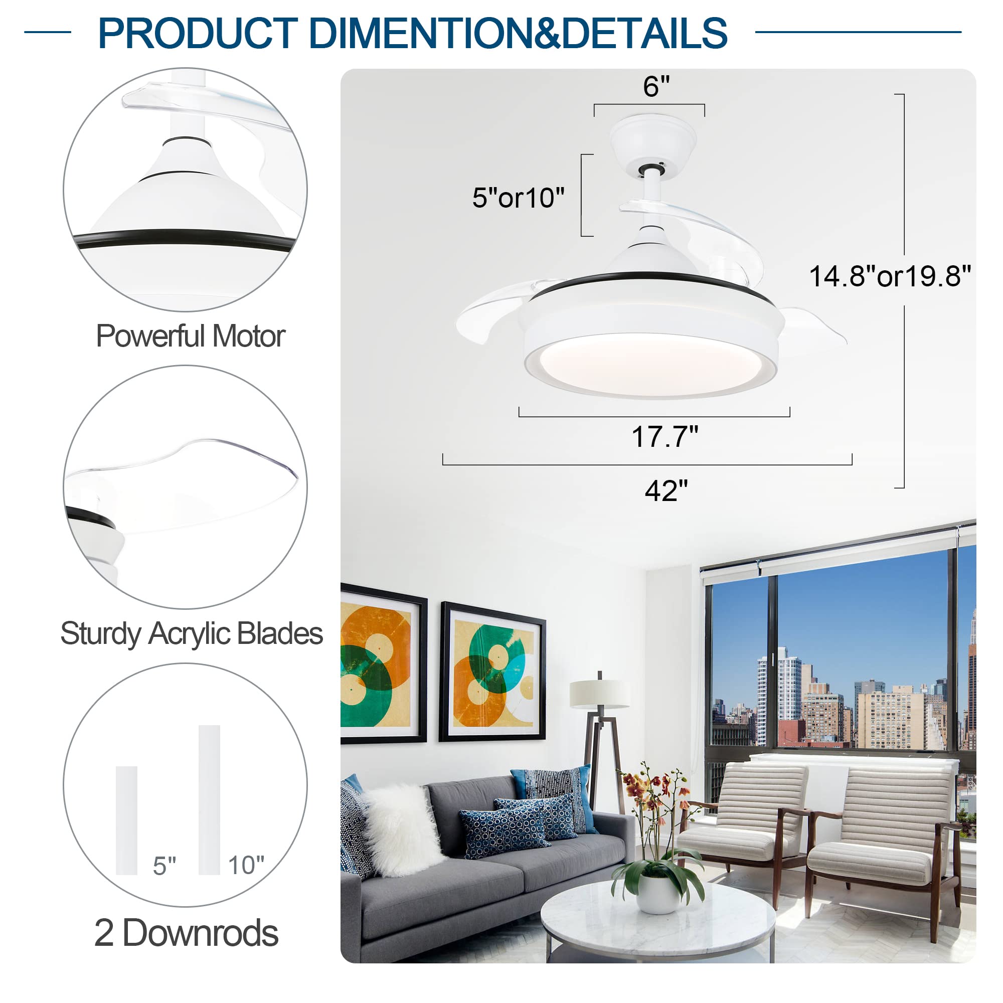 FebFurniture 42 Inch Ceiling Fan with Light and Remote Control - Retractable Chandelier Fan Lighting, CCT Dimmable, White - Perfect for Living Room, Bedroom, and Outdoor Patio