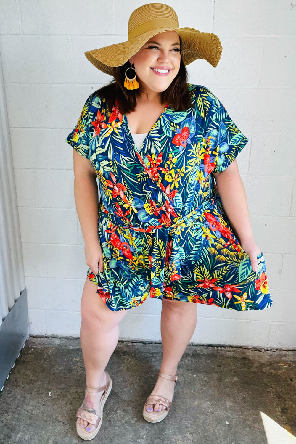 Navy Blue Tropical Floral Print Surplice Romper for Women - Summer Beach Vacation, Pool Party & Casual Outfit