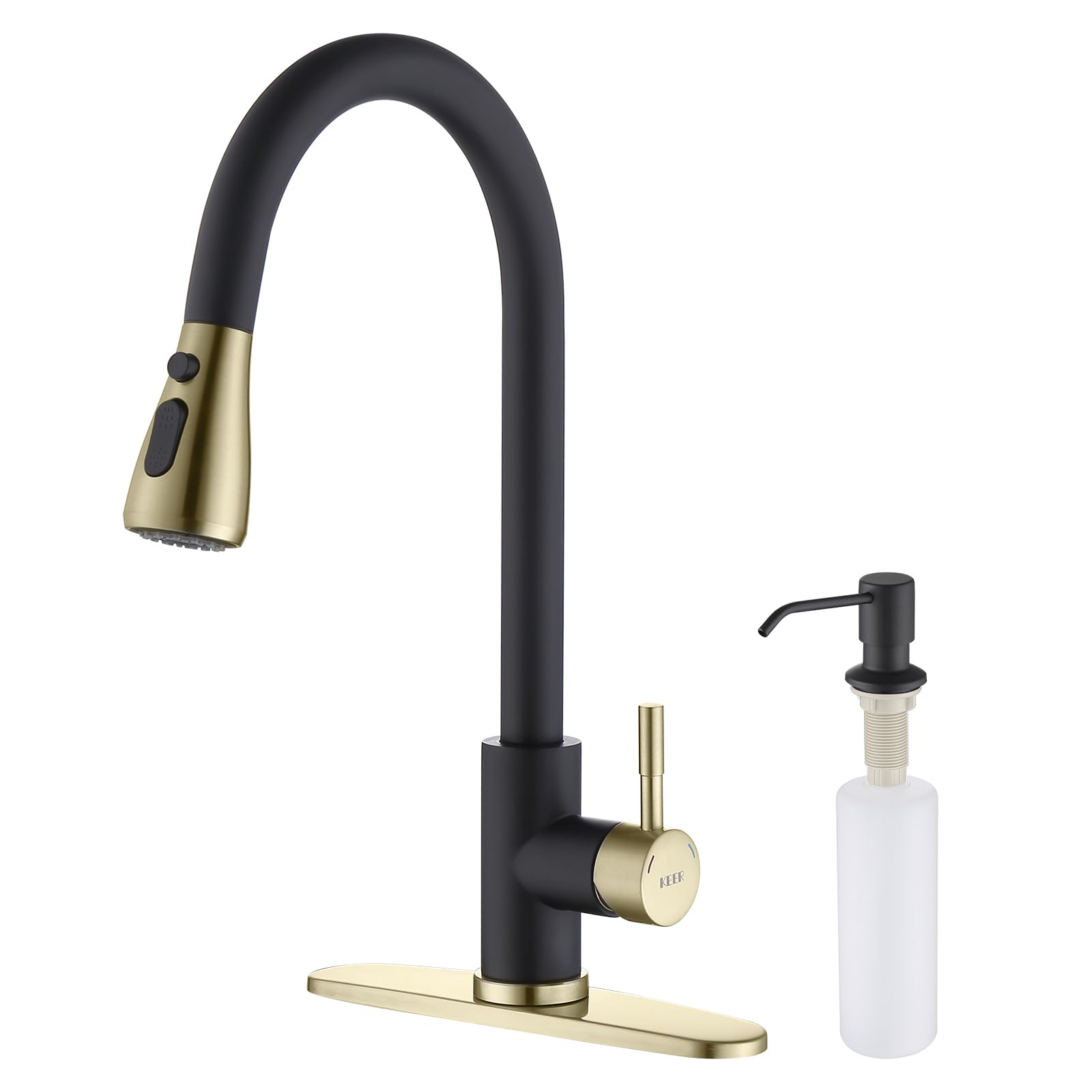 Black & Polished Chrome Pull-Down Sprayer Kitchen Faucet with Soap Dispenser - Single Handle High Arc Stainless Steel Sink Faucet for Modern Kitchens & Bar Sinks