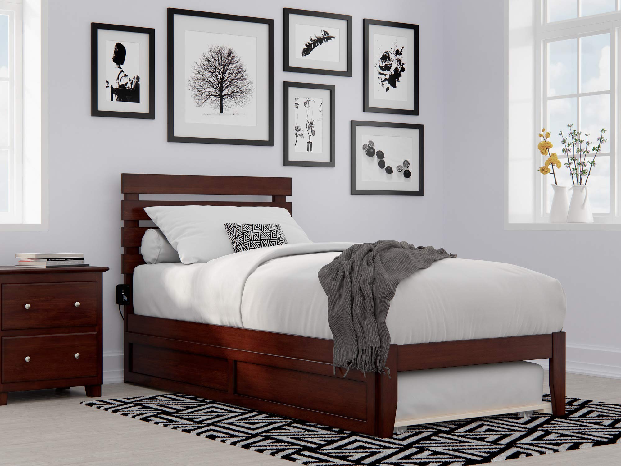 AFI Oxford Twin XL Platform Bed with Twin XL Trundle & USB Charging Station - Walnut Finish for Small Space & Guest Room Solutions