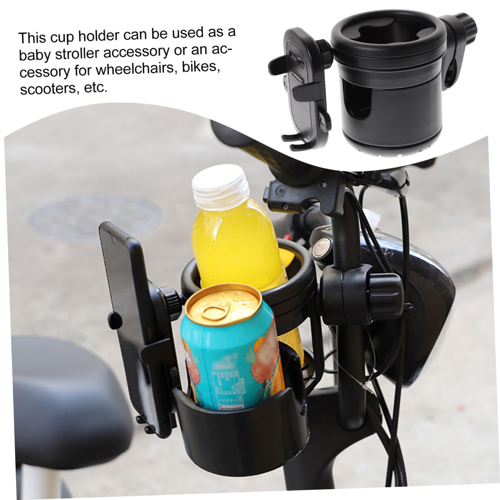 BIUDECO Universal Stroller Cup Holder with Phone Pocket - Black Pram Organizer for Baby Bottles, Drinks & Smartphones - Perfect for Walking, Jogging & Shopping with Your Stroller
