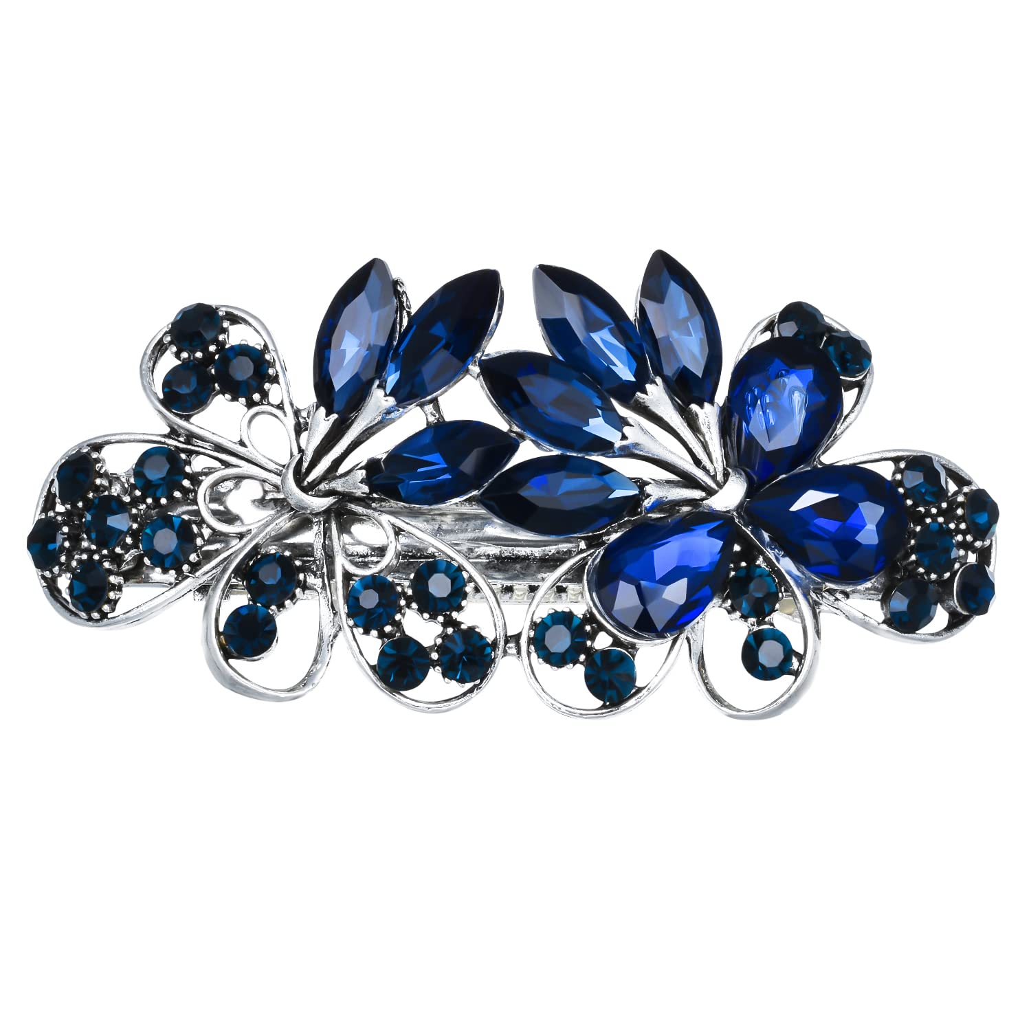 Vintage Sparkly Rhinestone Hair Barrettes for Women - French Navy Blue Crystal Flower Hair Clips, Elegant Hair Accessories for Women & Girls | Perfect for Weddings, Parties & Everyday Wear