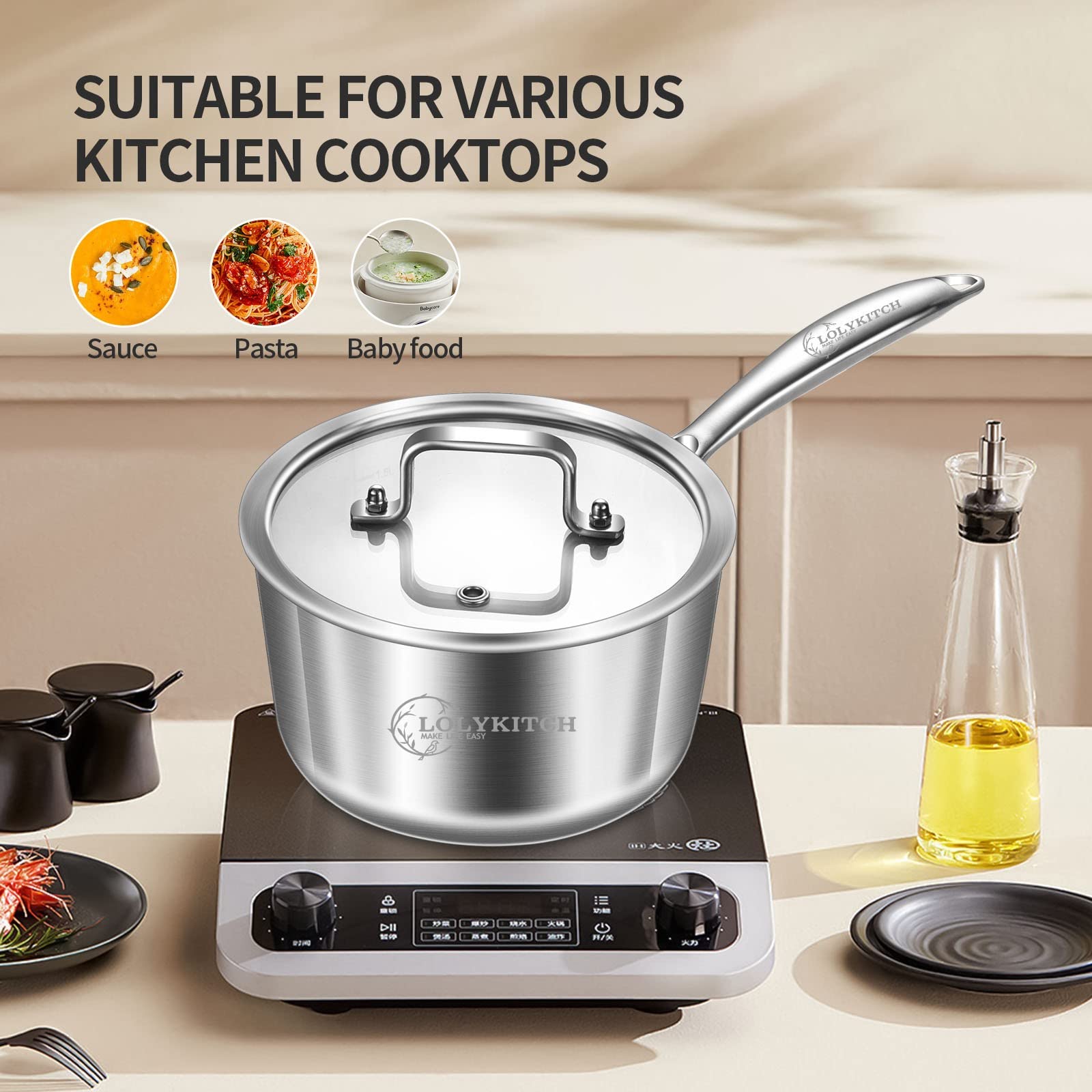 Tri-Ply 3 QT Stainless Steel Saucepan with Lid - 20CM Induction Cookware, Oven & Dishwasher Safe Sauce Pot with Detachable Handle - Perfect for Soups, Stews, Pasta & Home Cooking