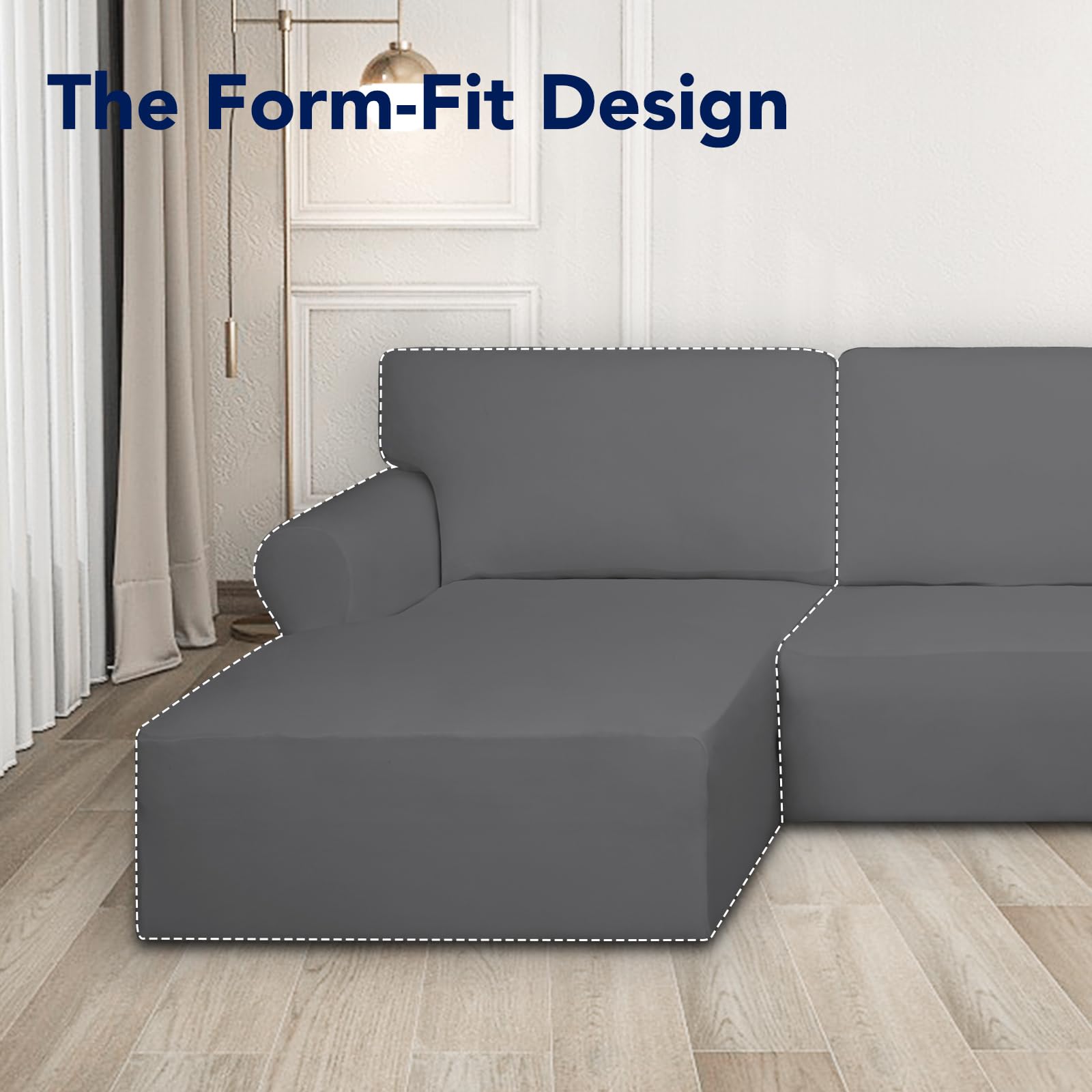 PureFit Super Stretch Sectional Couch Covers - 2 Piece Spandex Non-Slip Sofa Protector with Elastic Bottom for L-Shaped Couches, Pet & Kid Friendly (3-Seater + Chaise Lounge, Gray) | Perfect for Living Room, Family Room & Home Theater Furniture Protection