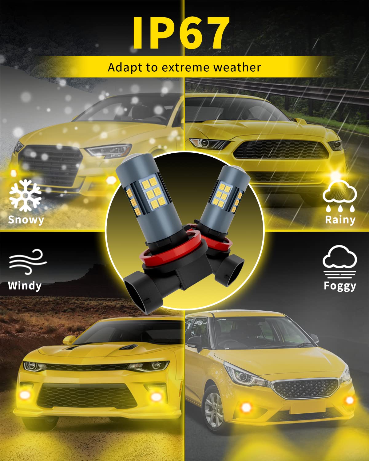 H11 H8 H9 H16 LED Fog Light Bulbs & DRL - 3000 Lumens Super Bright 3000K Amber Yellow - 300% Brighter - Non-Polarity Plug & Play - 360° Illumination with 27 SMD Chips - Perfect for Cars, Trucks, SUVs (Pack of 2) - Ideal for Foggy Conditions, Off-Roading & Night Driving Safety