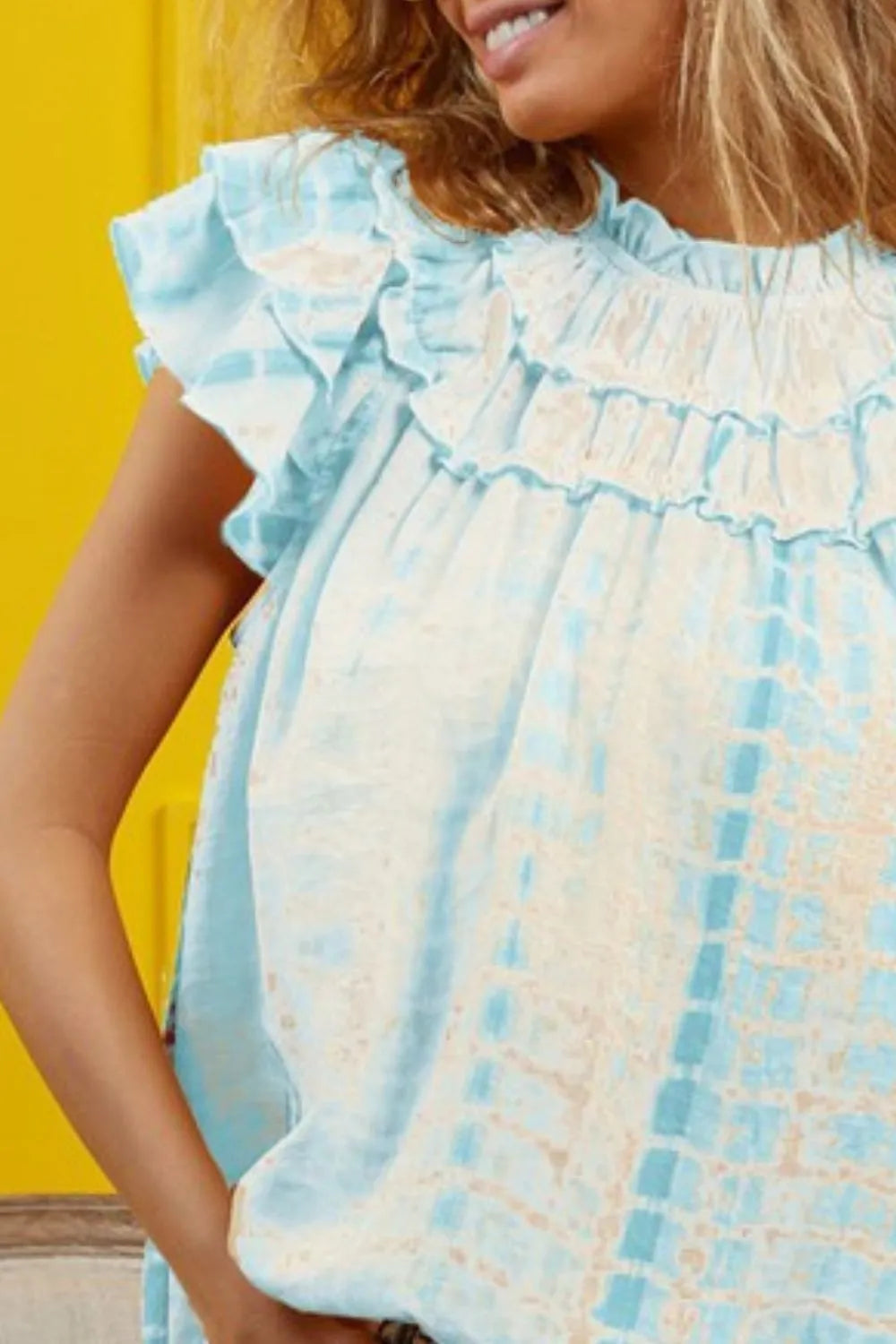 BiBi Women's Stylish Tiered Ruffle Neck Tie Dye Blouse - Trendy Boho Chic Tops for Casual Outings & Summer Vacations
