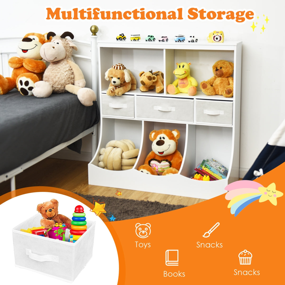 White Freestanding Combo Cubby Bin Storage Organizer with 3 Baskets - Perfect for Kids' Room, Playroom, and Closet Organization