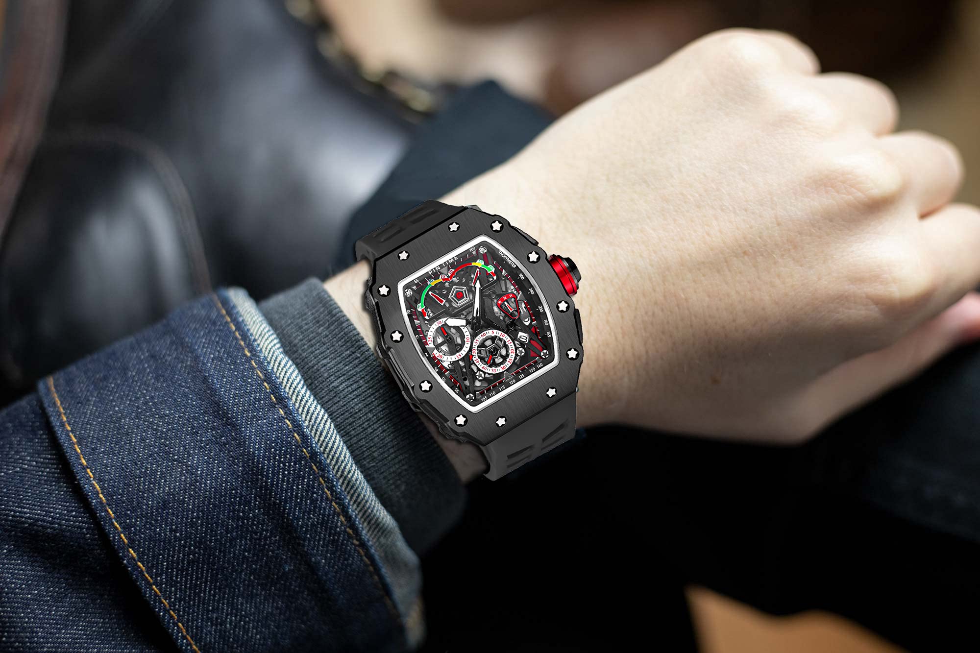 PINTIME Men's Fashion Watch - Hollow Punk Chronograph Sports Wristwatch - Luxury Designer Timepiece for Casual & Formal Wear - Perfect for Business, Dating & Special Occasions