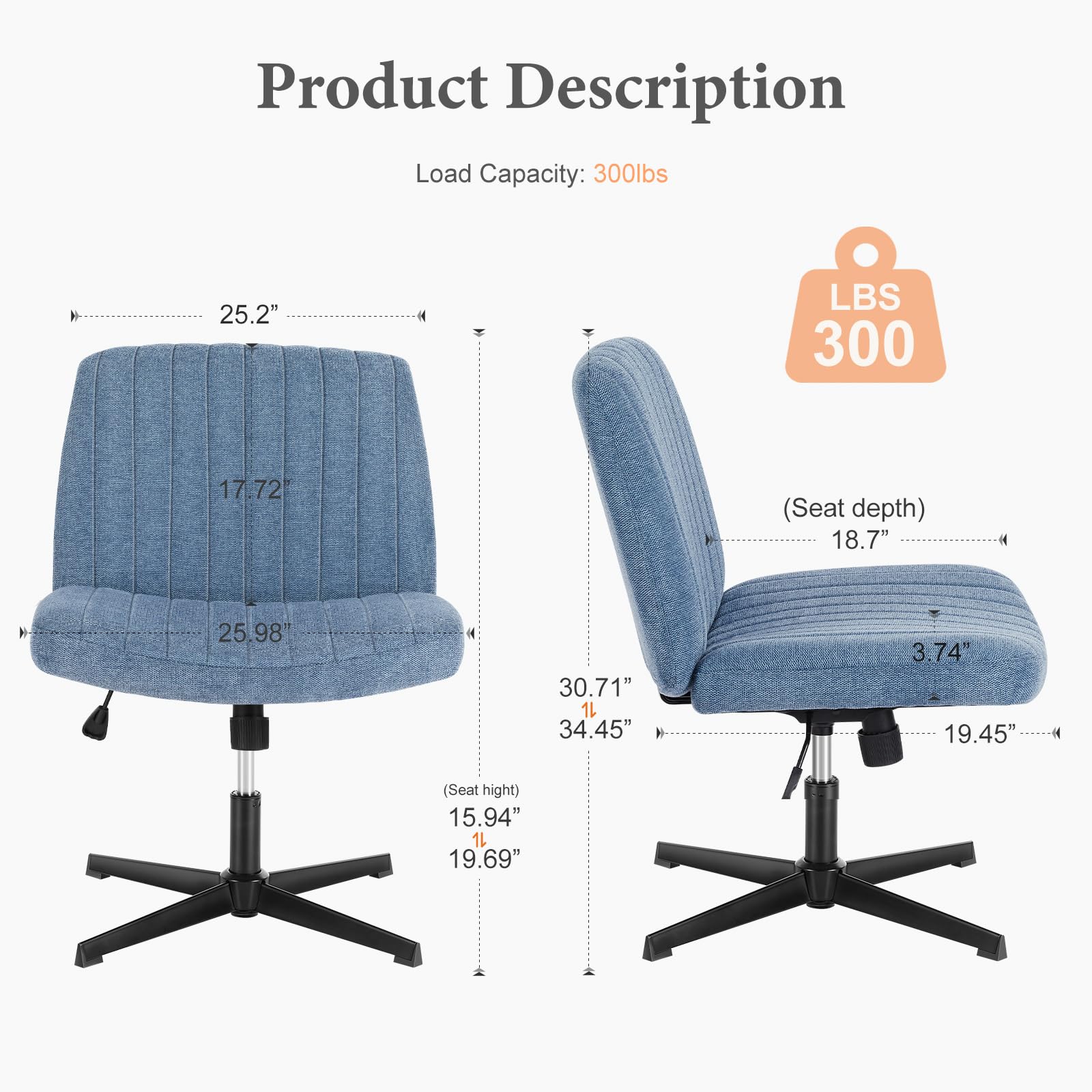 Sweetcrispy Criss Cross Chair - Armless Office Desk Chair Without Wheels, Swivel Vanity Chair with Height Adjustable Wide Seat, Modern Fabric Computer Task Chair in Blue - Perfect for Home Office, Study Room, and Makeup Vanity Areas