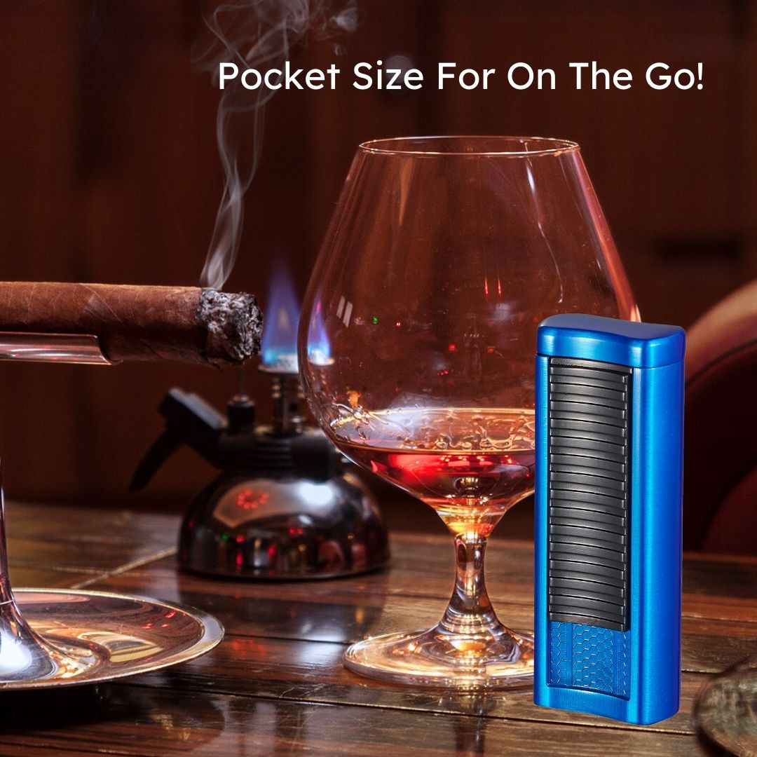 Visol Tiger Double Flame Cigar Lighter - Refillable Butane Torch Lighter with Adjustable Flame (Blue) - Perfect for Cigars, Cigarettes, BBQ, Camping & Outdoor Use