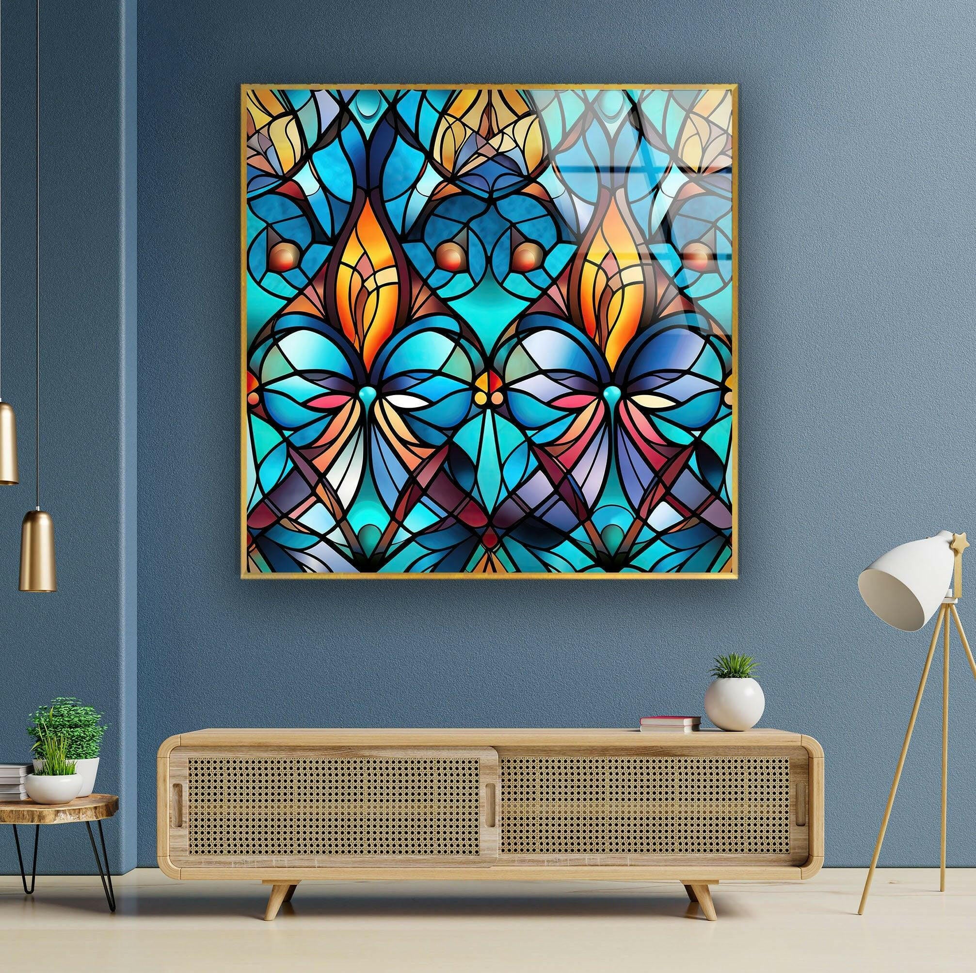 Handmade Blue Stained Glass Wall Art - Elegant Tiffany Style Window Panel Decor for Living Room, Bedroom & Church - Perfect for Home, Office & Wedding Decorations