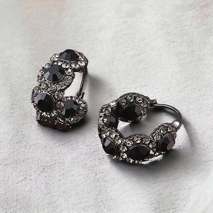 Sparkly Black Crystal Hoop Earrings for Women | 14K Gold Plated Fashion Jewelry Gift | Perfect for Parties, Weddings & Evening Events (Style A7487)