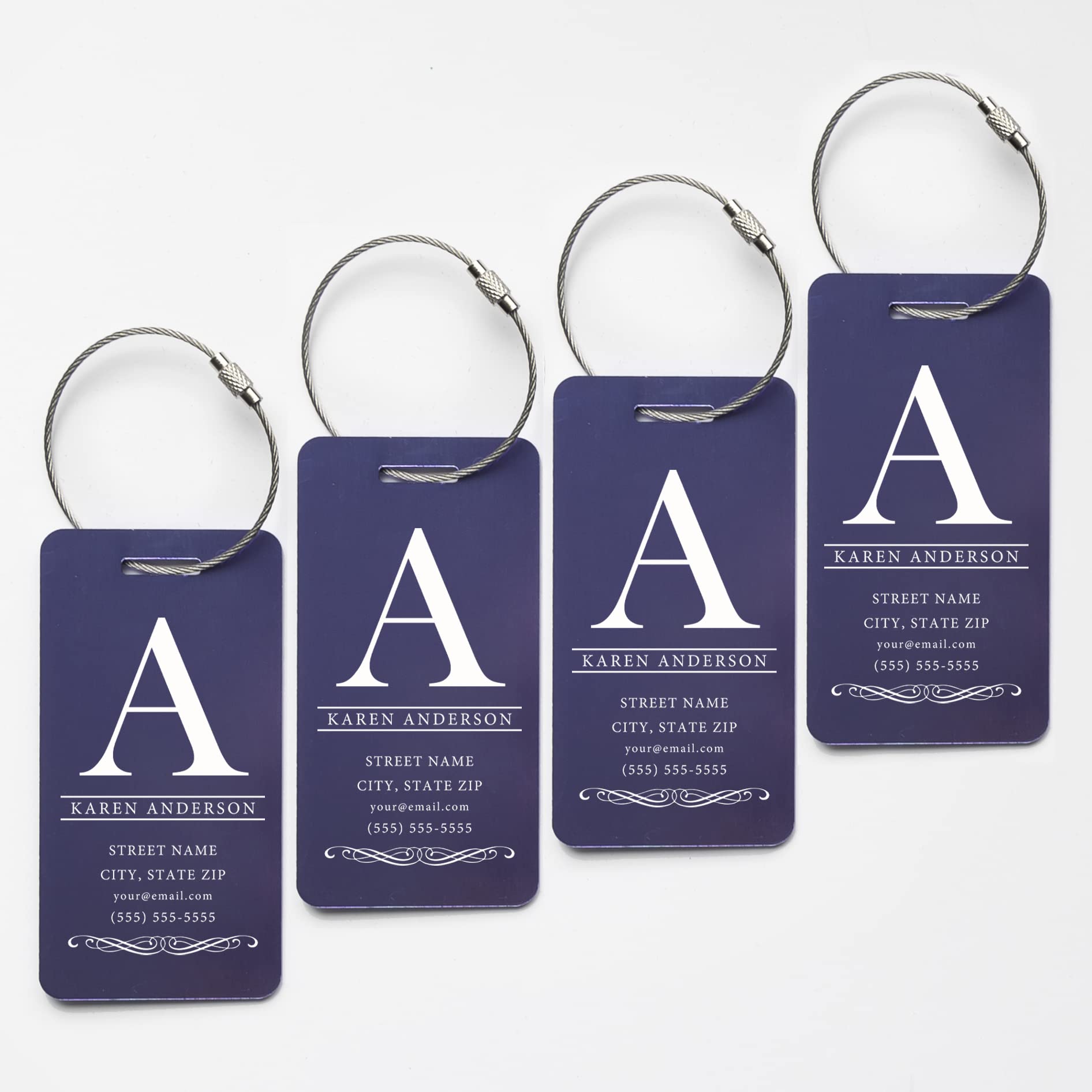 Personalized Metal Luggage Tags with Engraved Name - Set of 4 Unique Travel Bag Tags for Suitcases (Anderson Design, Lilac) - Perfect for Travel Identification, Gift Giving & Stocking Stuffers