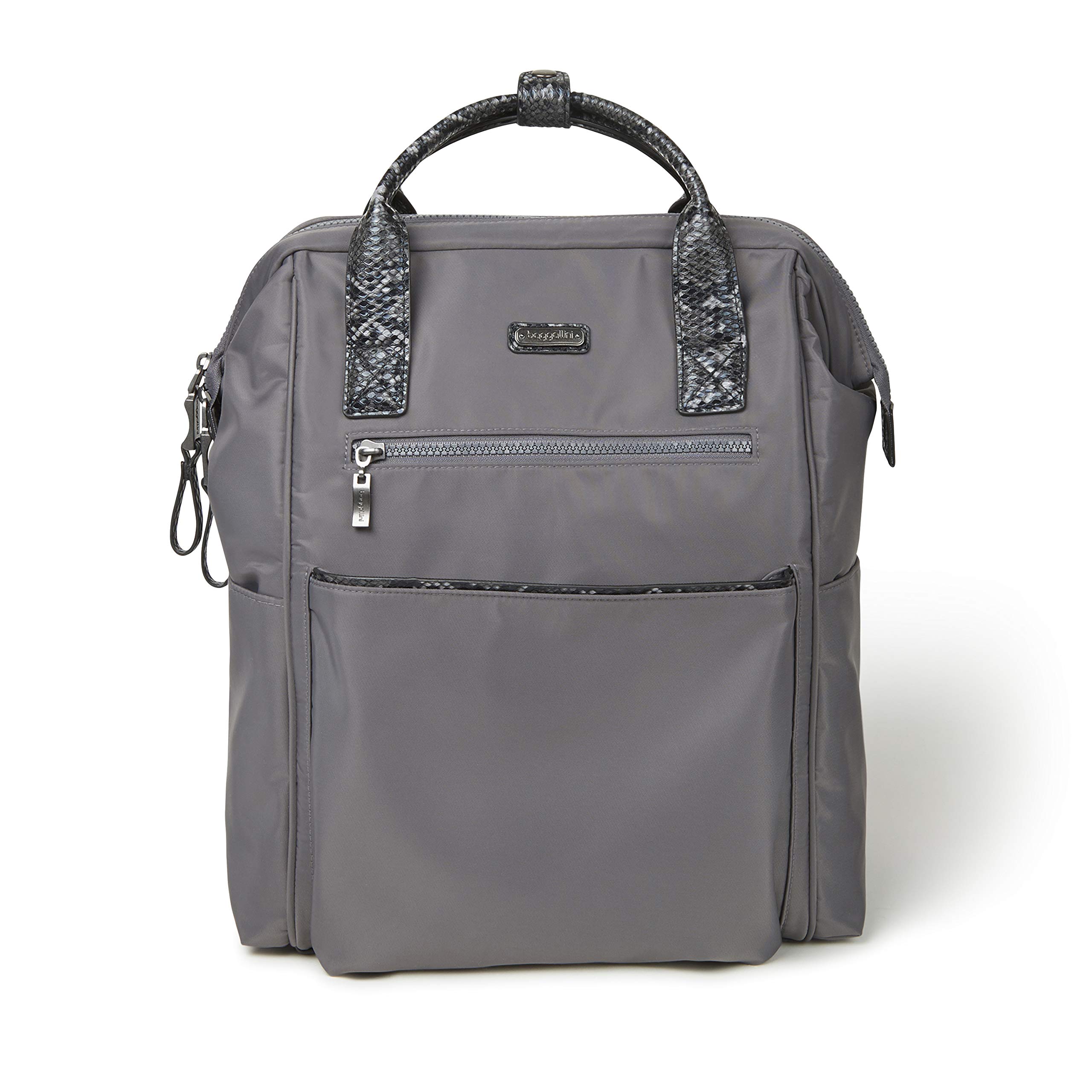 Baggallini Soho Backpack for Women - Lightweight Water-Resistant Laptop Backpack with USB Charging Port - Perfect for Travel, Work & College - Smoke/Faux Python Design