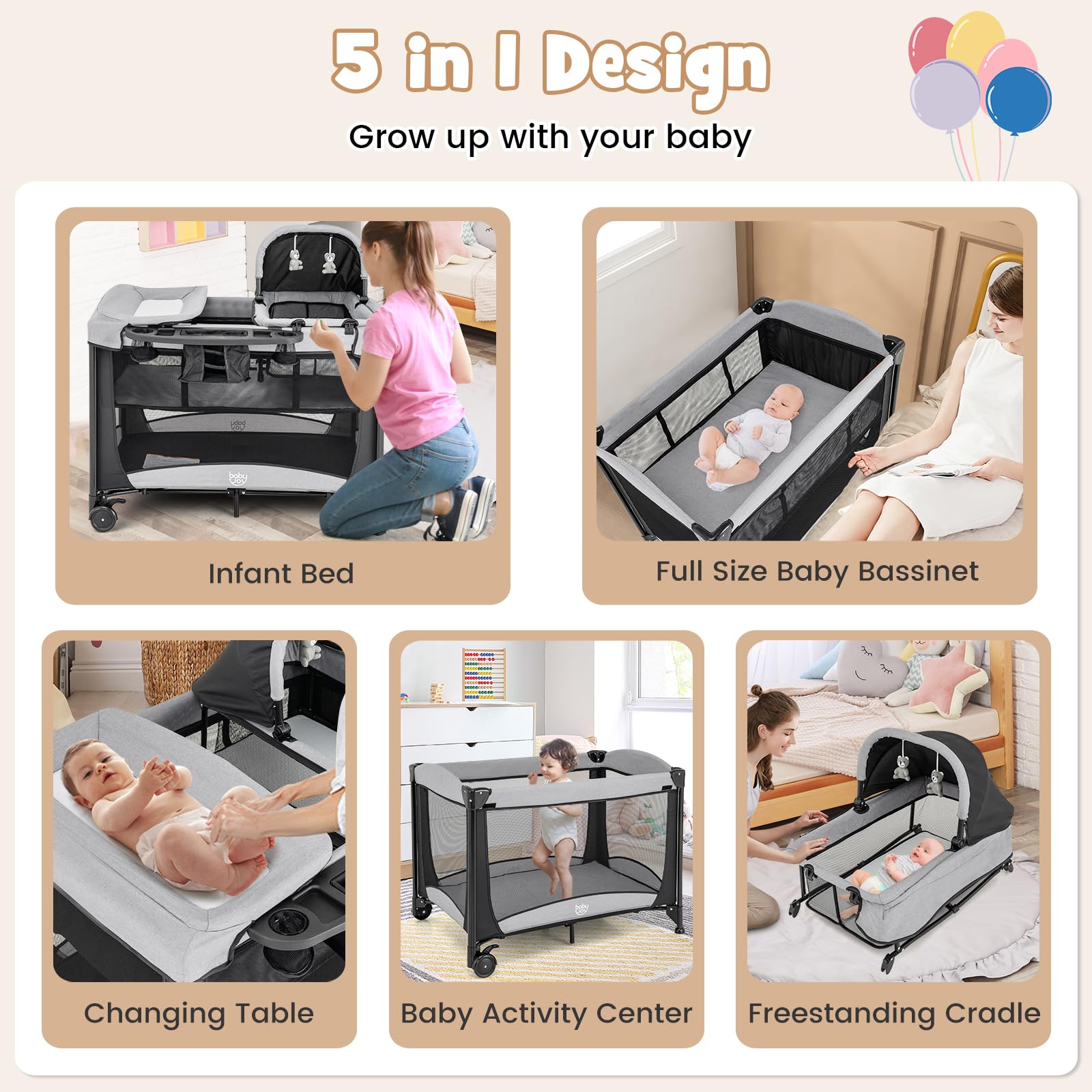 BABY JOY 4-in-1 Portable Baby Playard with Bassinet, Diaper Changing Table & Activity Center - Foldable Playpen with Toys & Storage Bag for Newborn to Toddlers (Dark Classic) | Perfect for Nursery, Travel & Indoor Outdoor Play