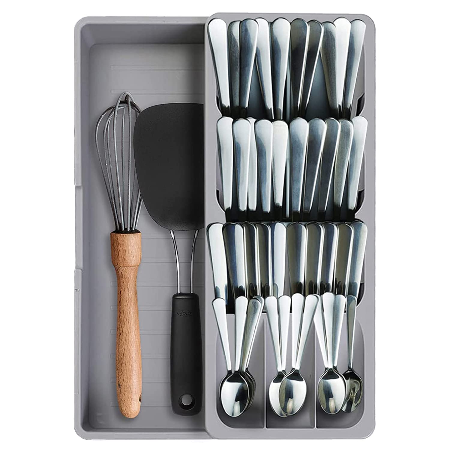 Expandable Kitchen Drawer Organizer Tray - Silverware Storage Organizer for Spoons, Forks & Flatware | Space-Saving Cutlery Drawer Insert | Perfect for Kitchen Organization & Utensil Storage (Grey) | Ideal for Home, Restaurant & Office Use