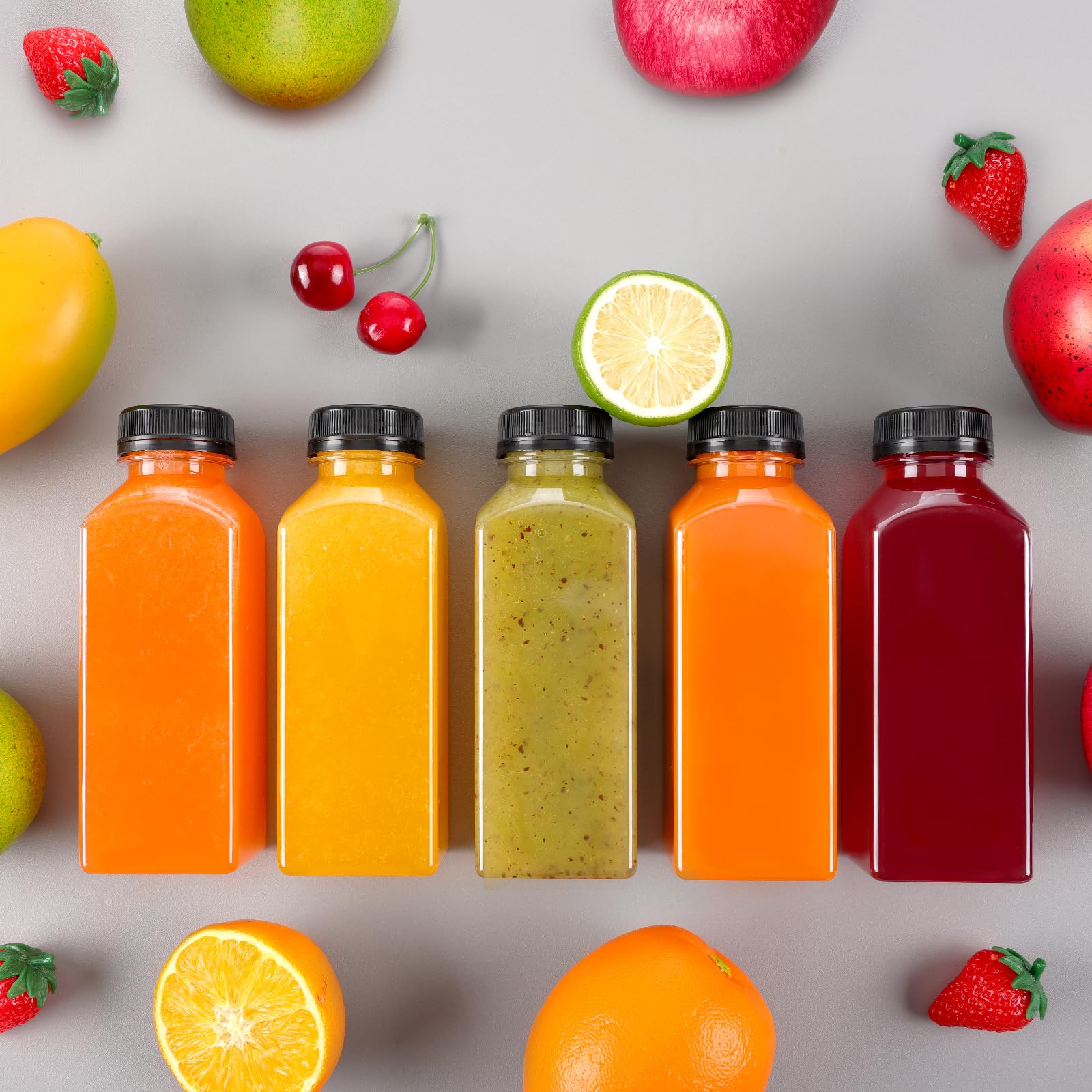 Moretoes 128-Pack 12oz Plastic Juice Bottles with Lids - Reusable Drink Containers for Juicing, Smoothies, Coffee, Tea & Beverages - Perfect for Home, Office, Gym & Meal Prep