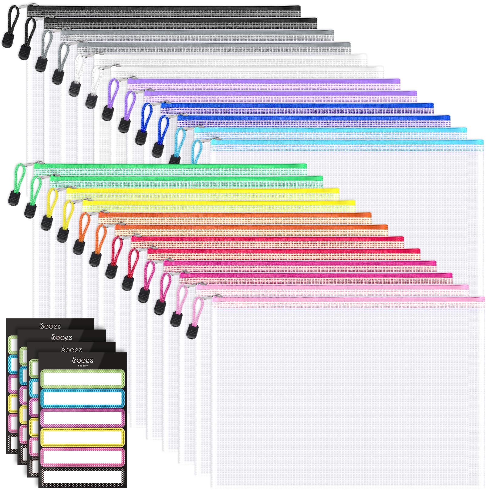 Sooez 24 Pack A4 Size Mesh Zipper Pouch with Sticky Labels - Durable Mesh Storage Bags for Board Games, Puzzles, Office & Classroom Organization - 12 Assorted Colors - Perfect for Organizing Cards, Documents, School Supplies & Travel Accessories