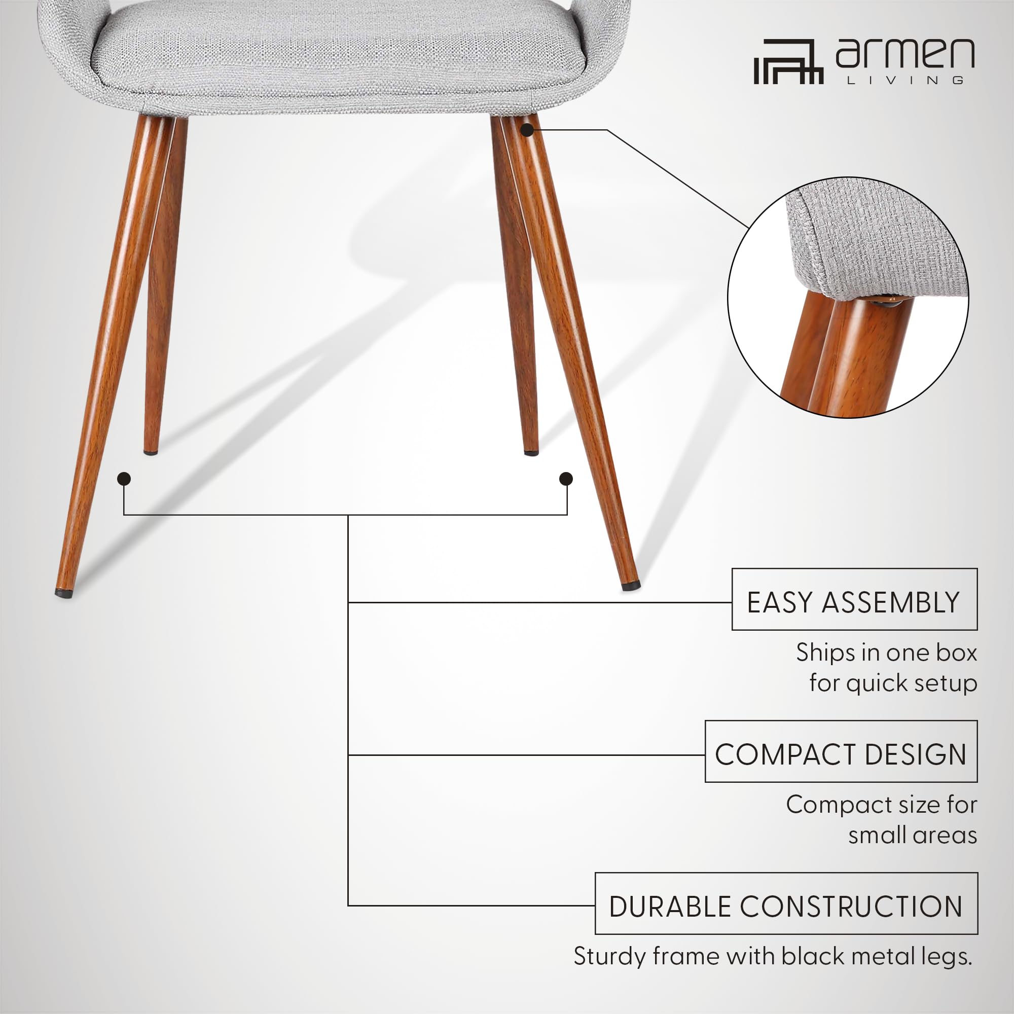 Armen Living Panda Mid Century Modern Dining Chair - Gray Fabric Upholstery & Walnut Wood Finish - Perfect for Kitchen, Office Desk, and Vanity Areas