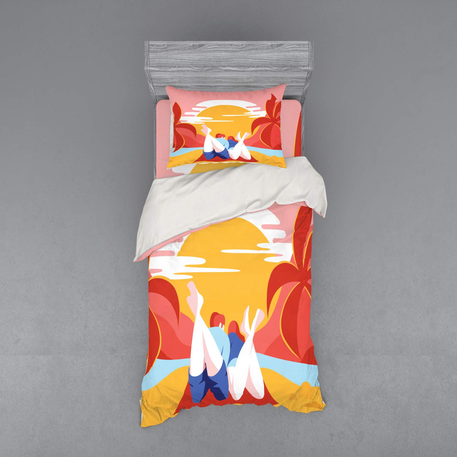 Ambesonne Beach Duvet Cover Set - Colorful Summer Romance Cartoon Design with Young Couple, Palm Trees & Ocean - 3 Piece Bedding Set Includes Sham & Fitted Sheet - Twin Size Multicolor - Perfect for Beach Themed Bedrooms, Vacation Homes & Summer Decor